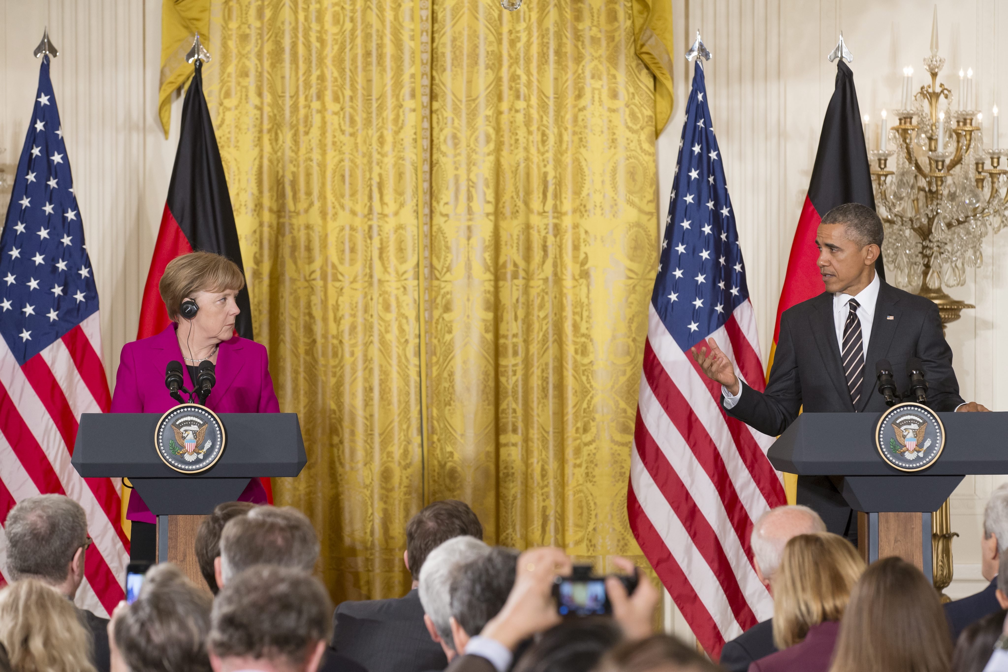 From Left: Chancellor of Germany Angela Merkel and President Barack Obama hold a joint news conference in the East Room of the White House in Washington D.C. on Feb. 9, 2015. (Michael Reynolds—EPA)