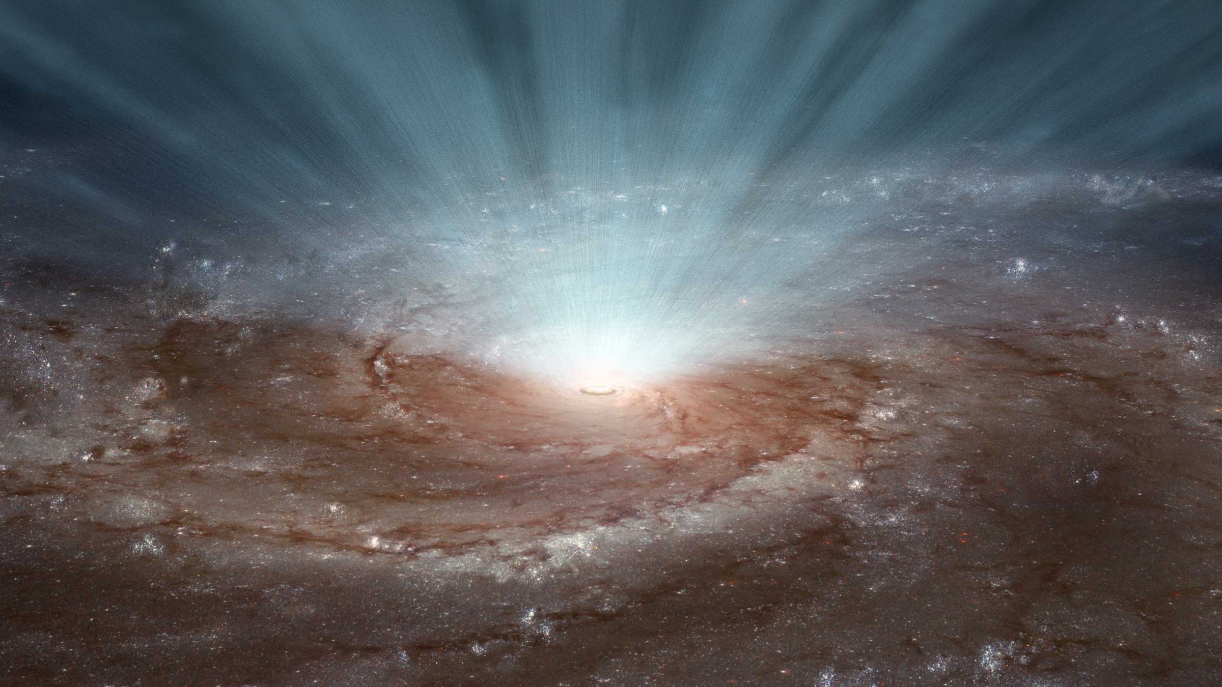 Supermassive black holes at the cores of galaxies blast out radiation and ultra-fast winds, as illustrated in this artist's conception.
