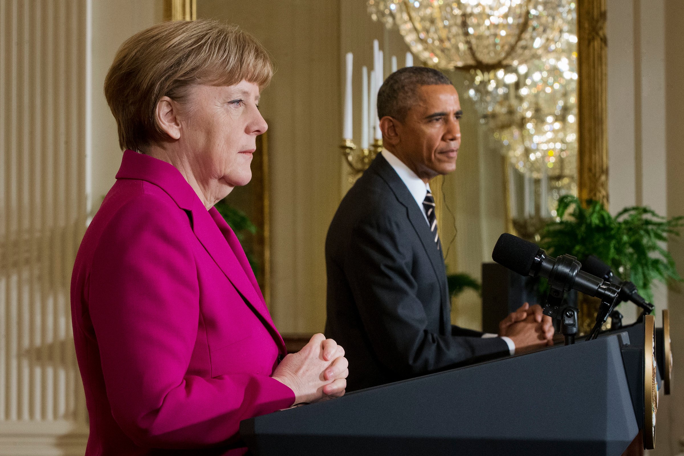 President Barack Obama and German Chancellor Angela Merkel during their joint news conference in the East Room of the White House in Washington on Feb. 9, 2015.