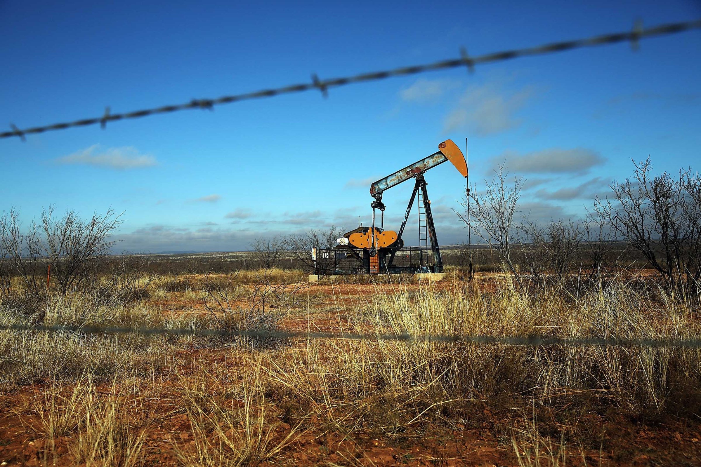 An oil pump is viewed in on Feb. 4, 2015 in Big Springs, Texas.