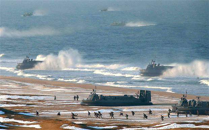 This photograph from a military exercise in North Korea, released by the Korean Central News Agency, was digitally altered to add extra hovercrafts.