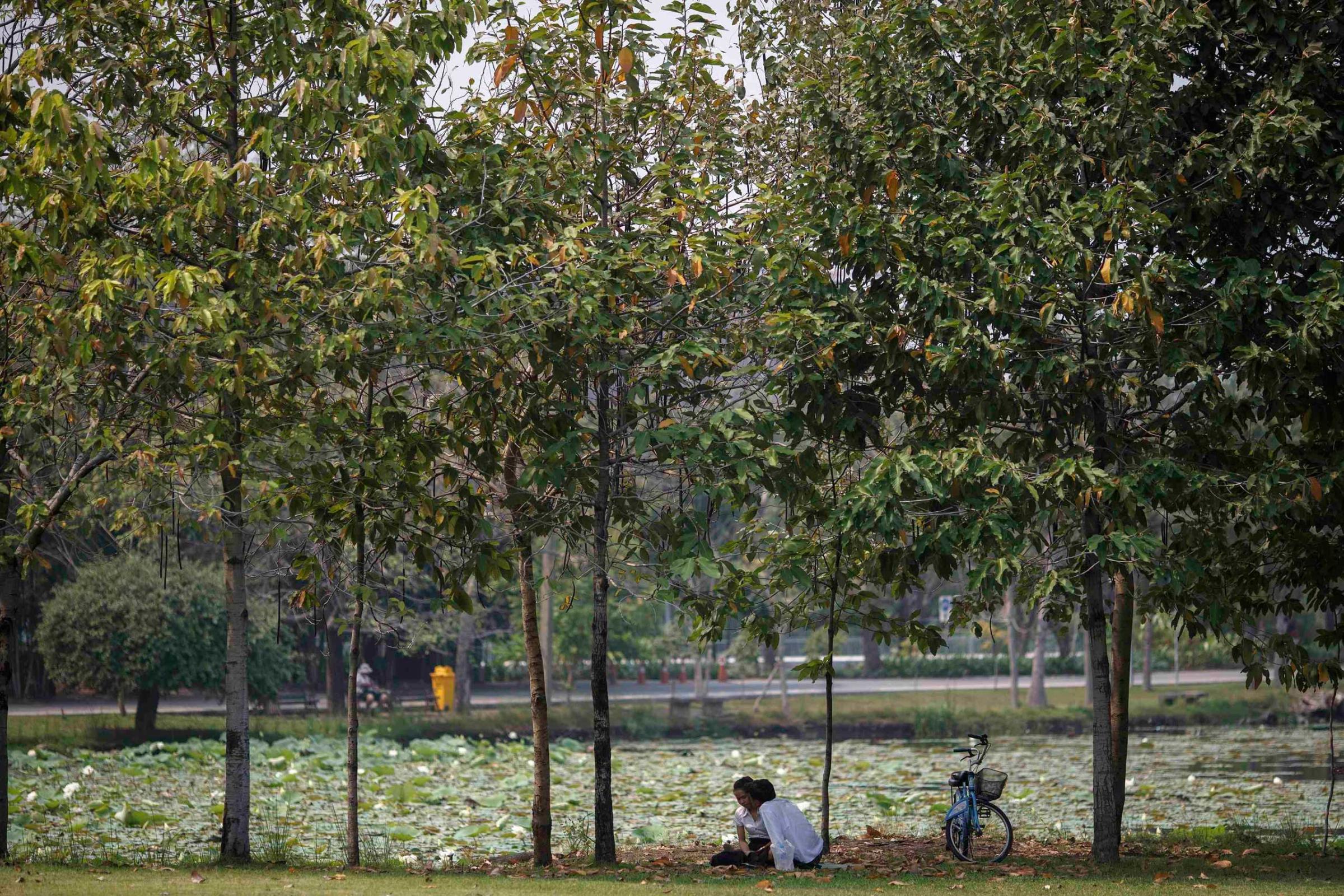 A couple kisses at a park in Bangkok