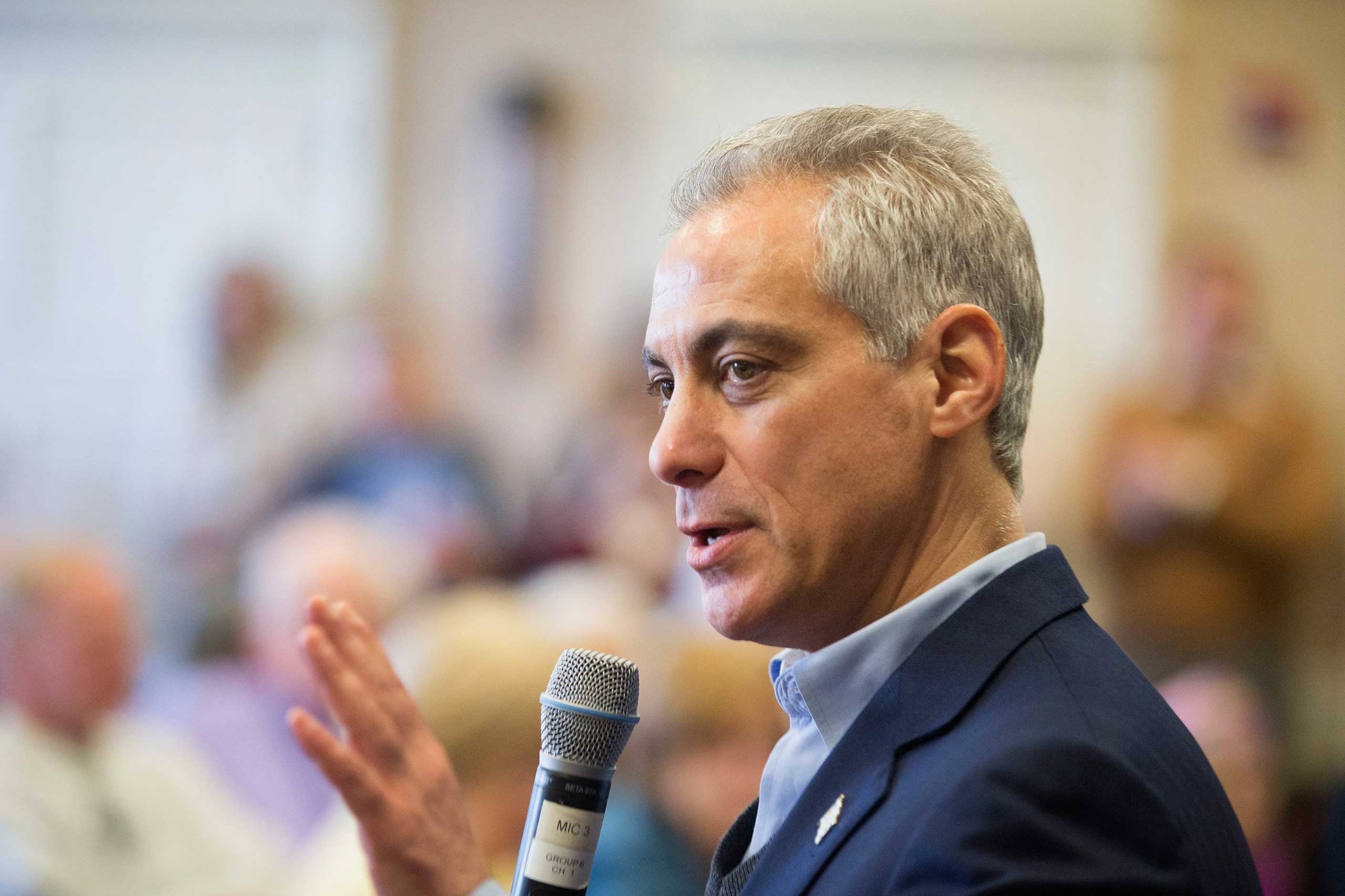Chicago Mayor Rahm Emanuel talks with residents at a senior living center during a campaign stop on Feb. 23, 2015 in Chicago.