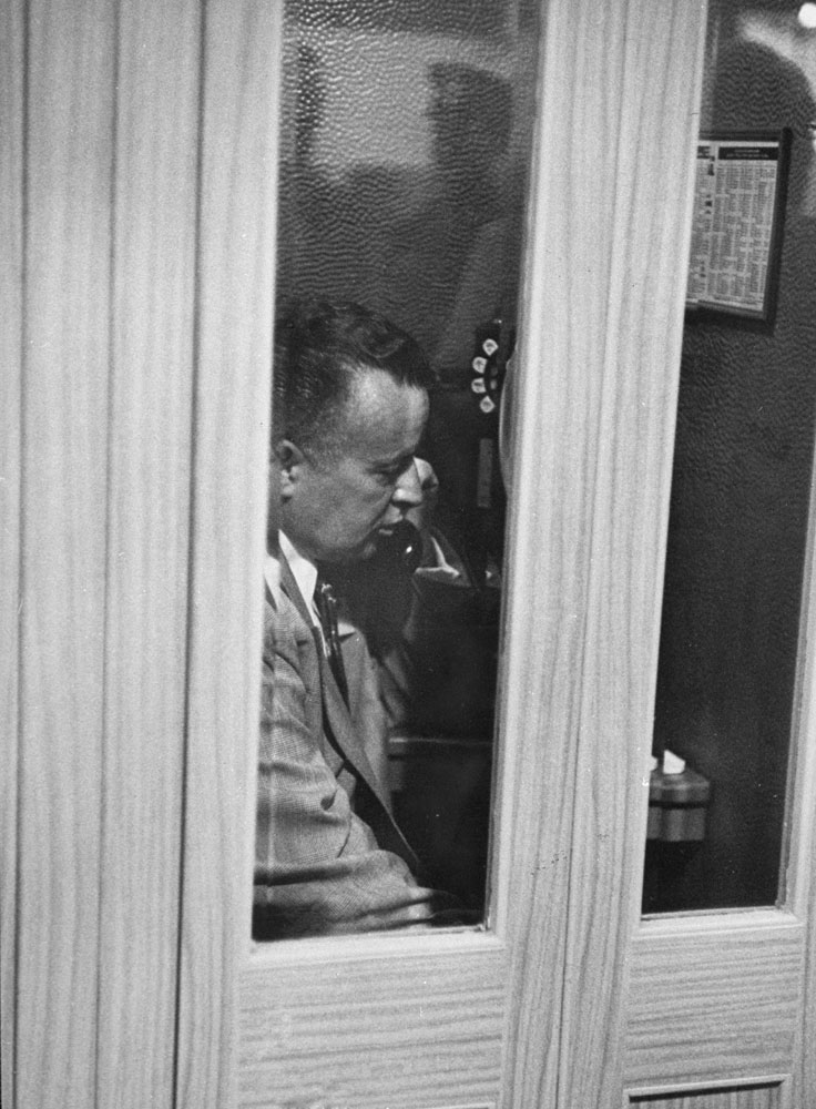 Chairman of the Republican National Committee Arthur E. Summerfield on the telephone during the 1952 GOP National Convention in Chicago.