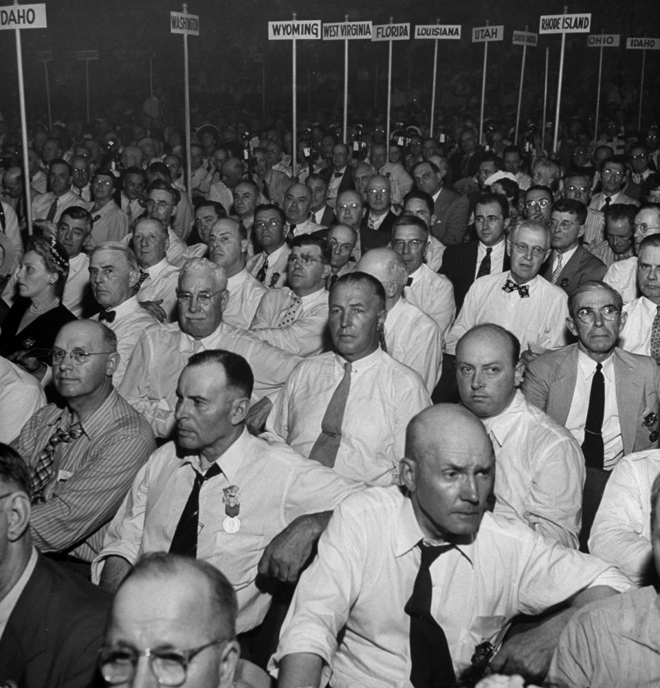 Delegates listen to Herbert Hoover during the 1944 Republican National Convention in Chicago.