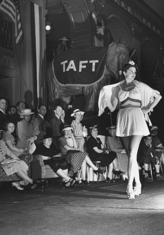 A model wears a bathing suit in a fashion show at Ohio senator Robert Taft's headquarters during the 1940 GOP National Convention in Philadelphia.