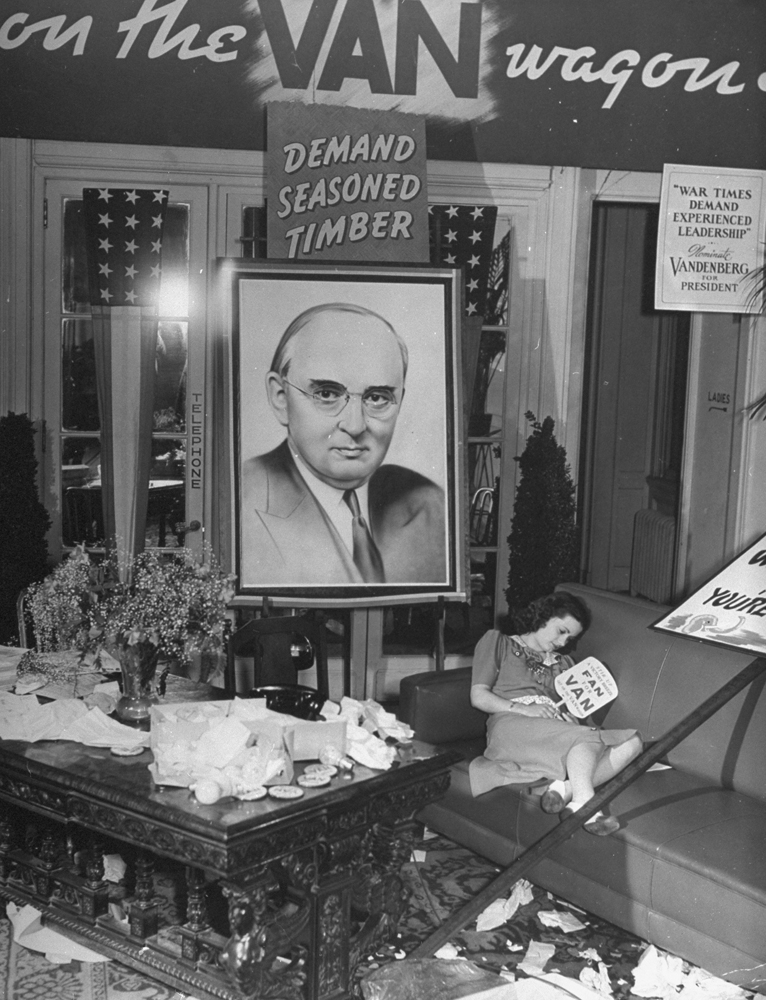 A young Republican rests on a sofa in the Hotel Adelphi during the 1940 GOP National Convention in Philadelphia. ("Van" is Sen. Arthur Vandenberg of Michigan, long considered a front-runner for the GOP nomination; instead, the Republicans nominated Indiana's Wendell Willkie, who lost the election to the Democratic incumbent, FDR.)