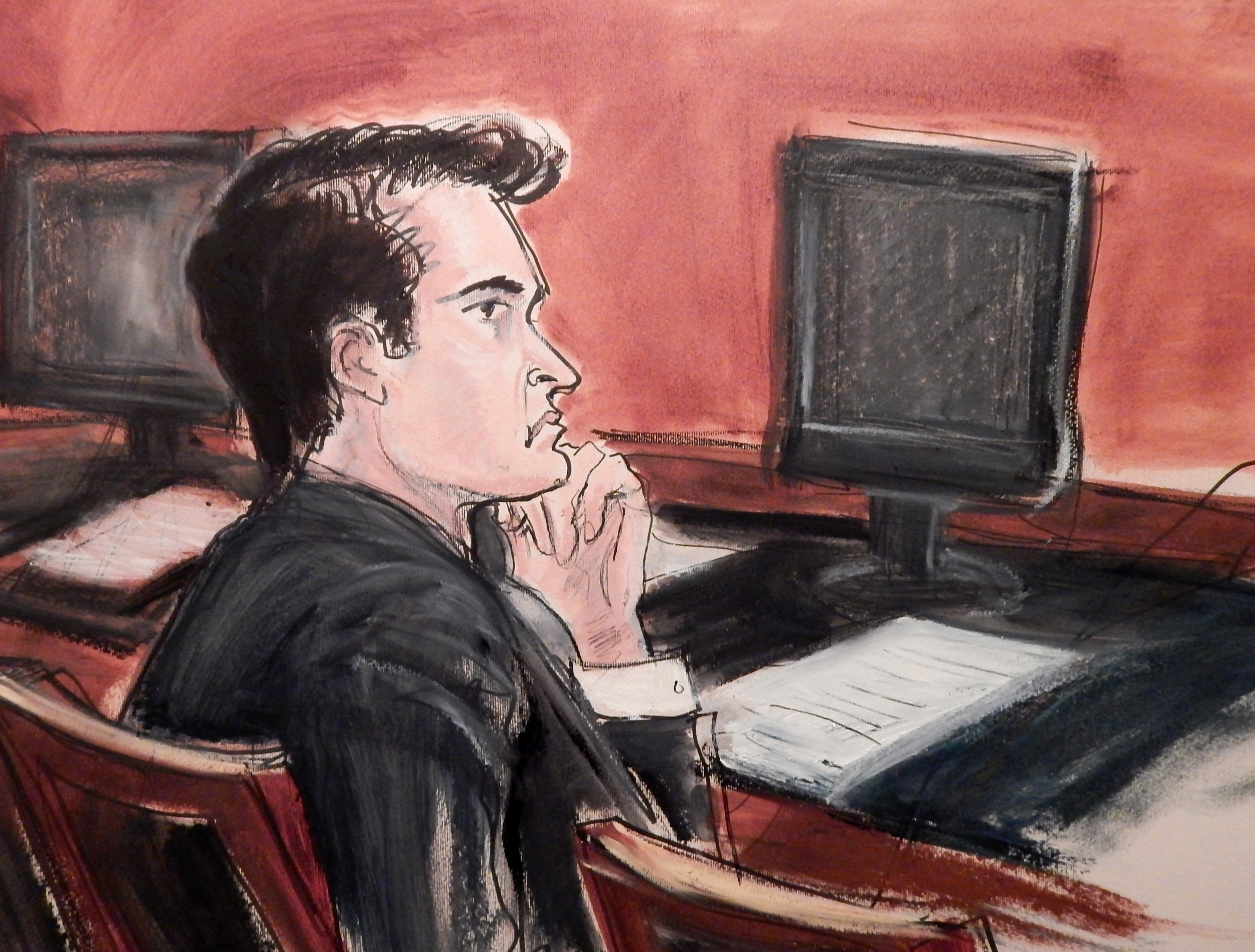 In this courtroom drawing, defendant Ross William Ulbricht listens to proceedings from the defense table during opening arguments in his criminal trial in New York on Jan. 13, 2015. (Elizabeth Williams—AP)