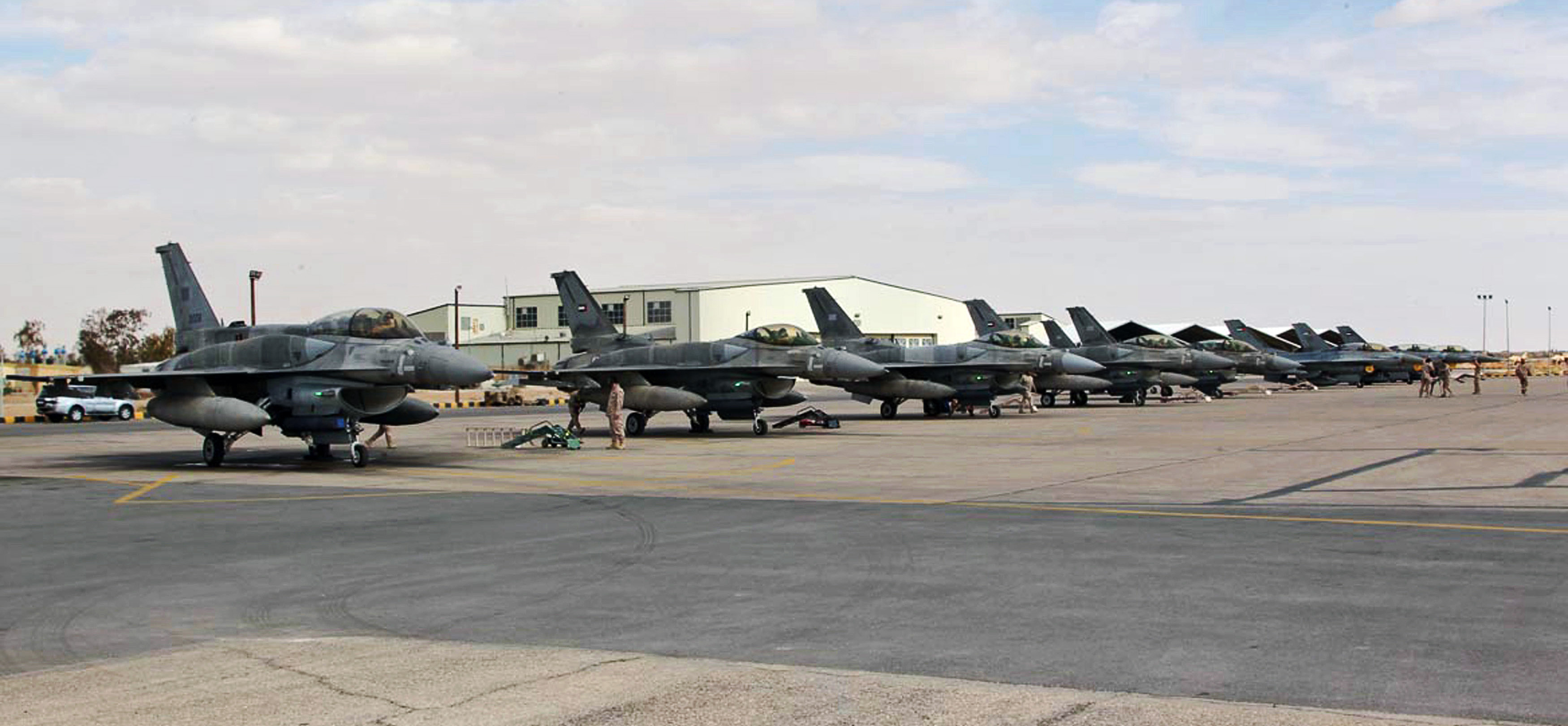 F16 fighter jets from the United Arab Emirates (UAE) arrive at an air base in Jordan