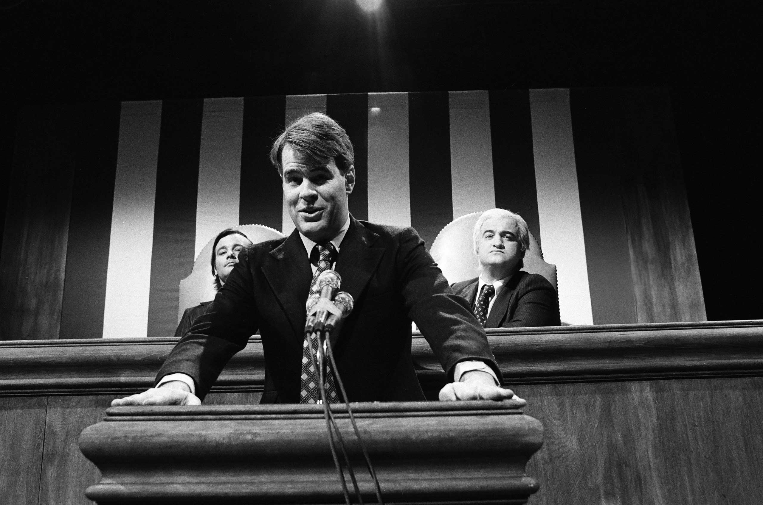 Bill Murray as Walter Mondale, Dan Aykroyd as President Jimmy Carter, and John Belushi as Tip O'Neil during the 'State of the Union 1979' skit on Jan. 27, 1979.