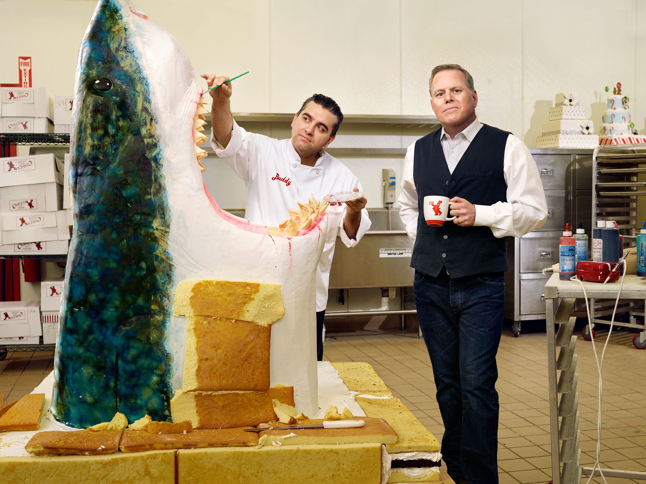 Cake Boss Buddy Valastro, left, and David Zaslav at a Carlo's bakery facility in Jersey City, N.J. From  The Cable Boss.  April 13, 2015 issue.