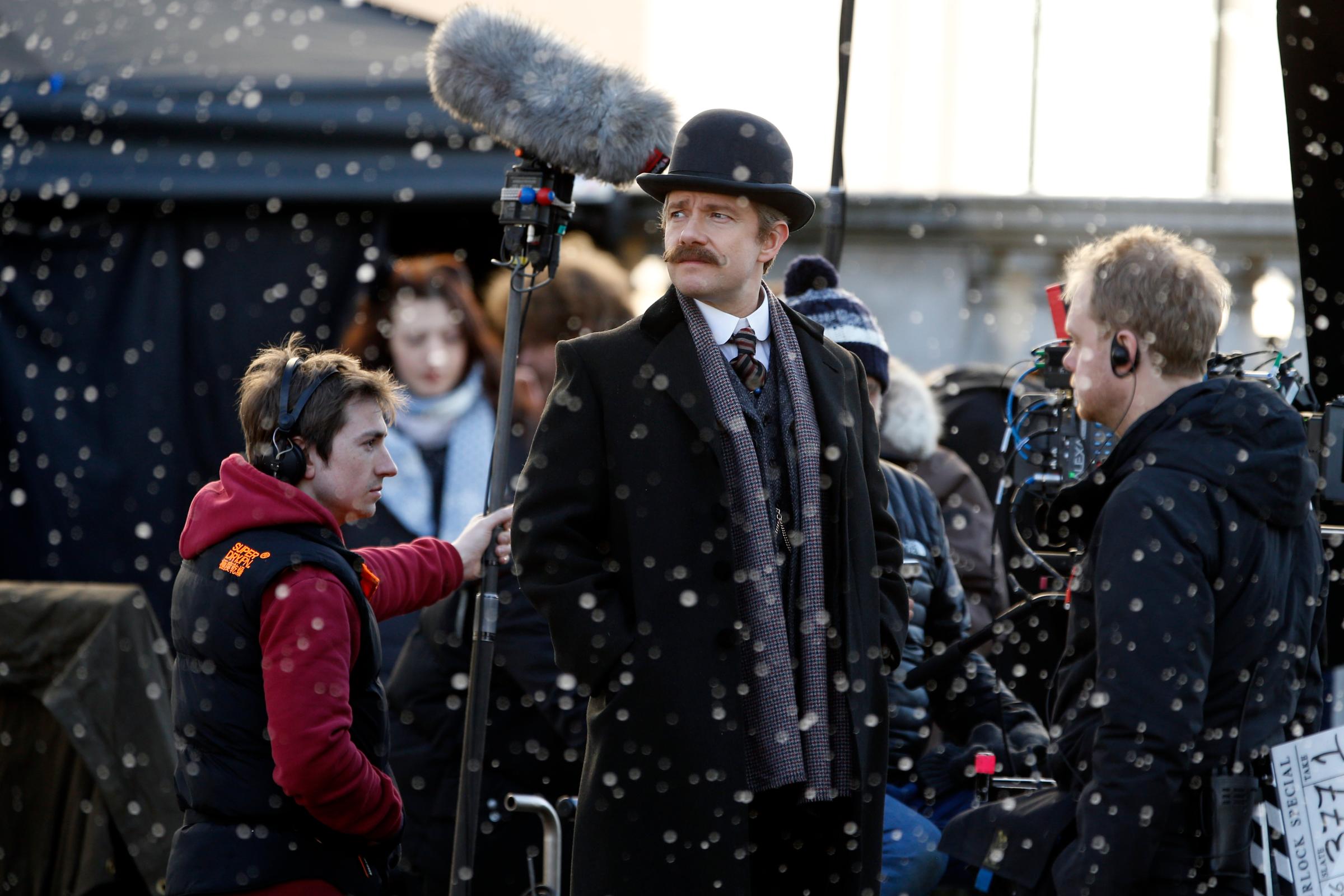 Martin Freeman seen on the set of 'Sherlock' on February 8, 2015 in London, England