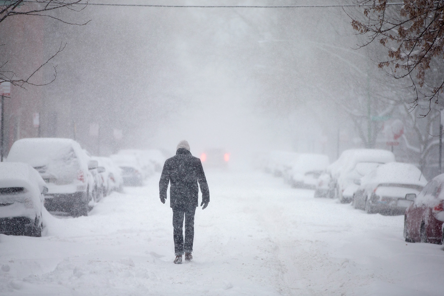 A man walks down a snow-covered street on Feb. 1, 2015 in Chicago, Illinois. (Scott Olson — Getty Images)