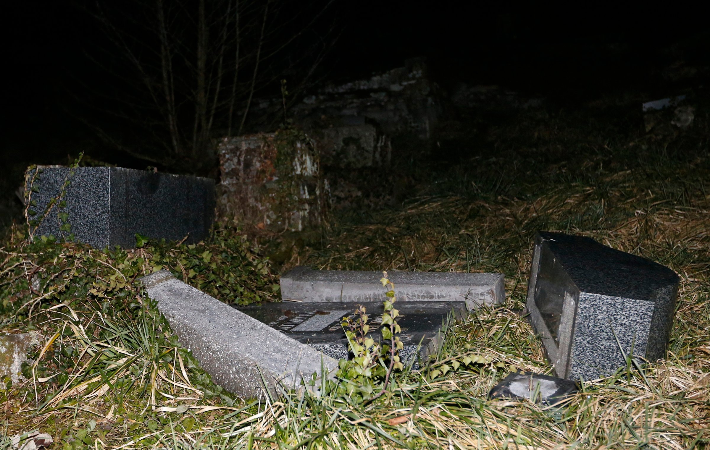 Desecrated tombstones are seen at Sarre-Union Jewish cemetery, eastern France, February 15, 2015
