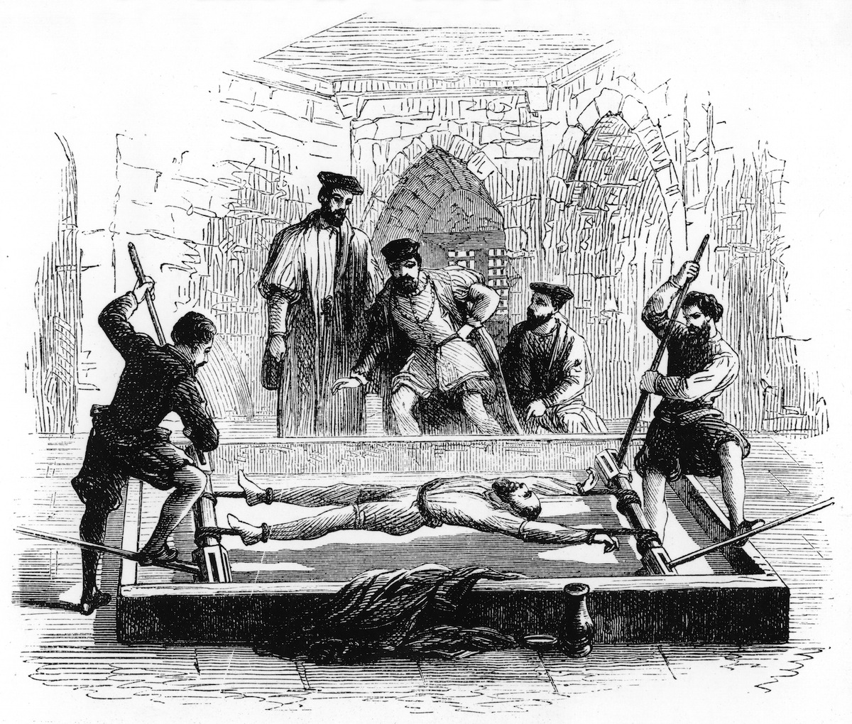 A 19th-century representation of a medieval torture device in use, from World of Wonders, published by Cassell and Co, (London, 1894). (Print Collector/Getty Images)