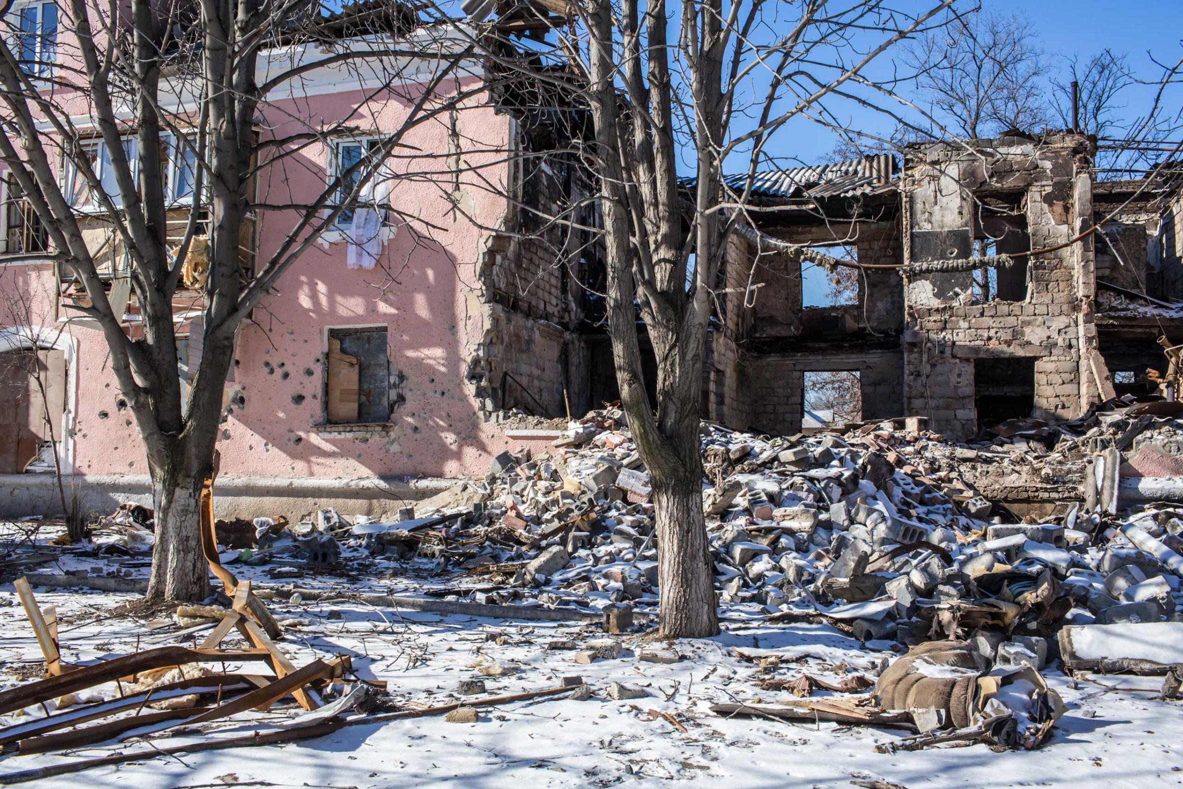 A building lies in ruins from being hit by a shell on Feb. 17, 2015 in Mironovka, near Debaltseve.