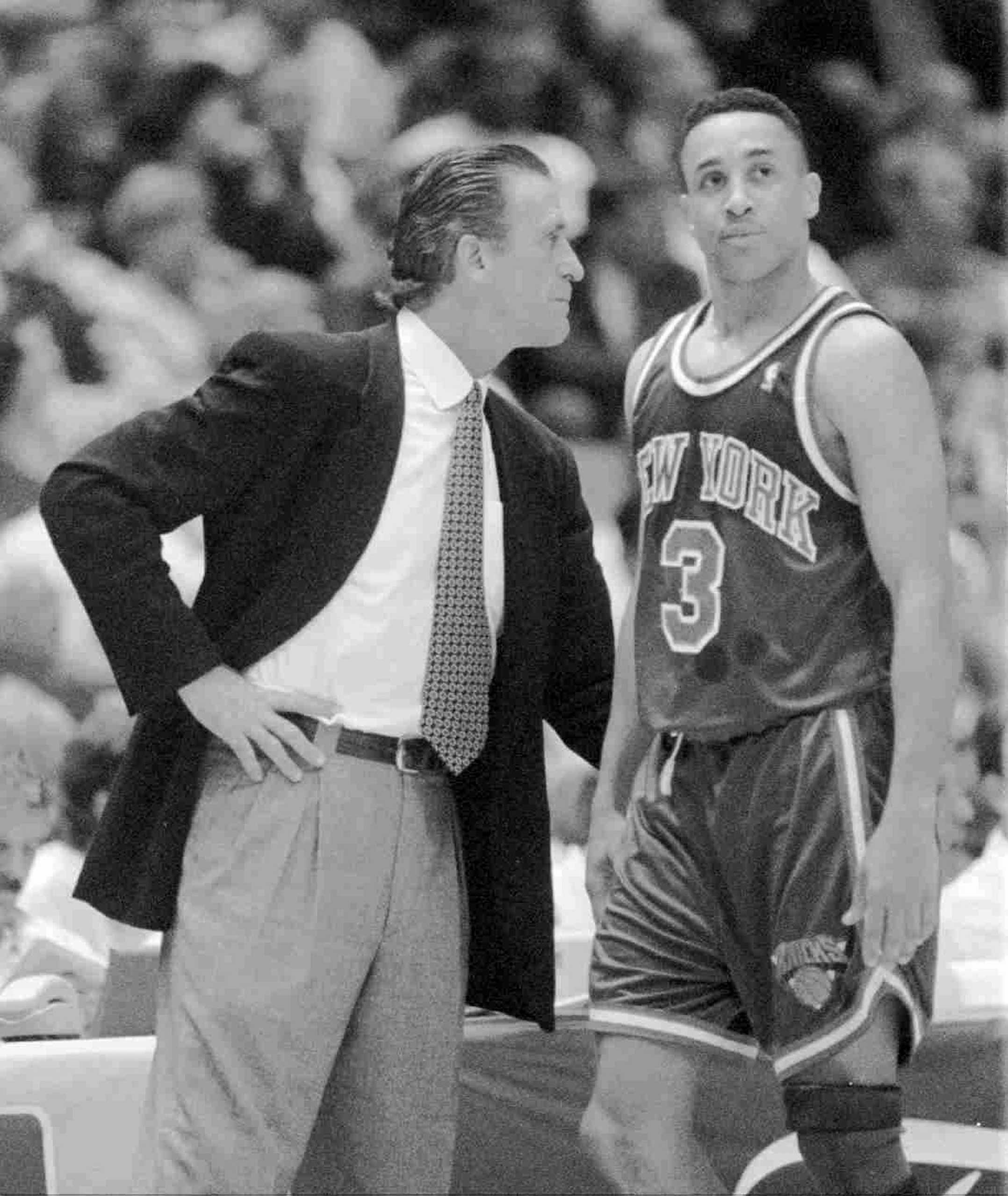 UNITED STATES - JUNE 22: New York Knicks' coach Pat Riley has a few words for John Starks after a foul in the second quarter during game against the Houston Rockets. (Photo by /NY Daily News Archive via Getty Images)