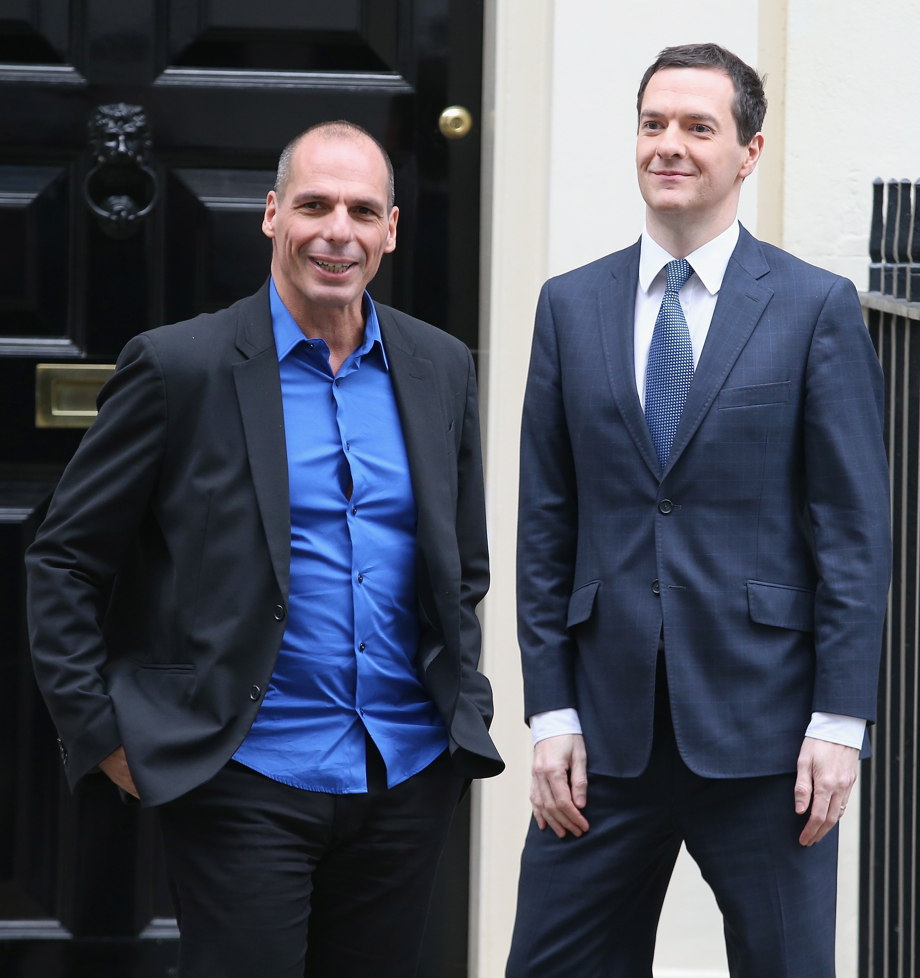 From left: Greece's finance minister Yanis Varoufakis leaves Number 11 Downing Street after meeting Chancellor of the Exchequer George Osborne on Feb. 2, 2015 in London. (Chris Jackson—Getty Images)