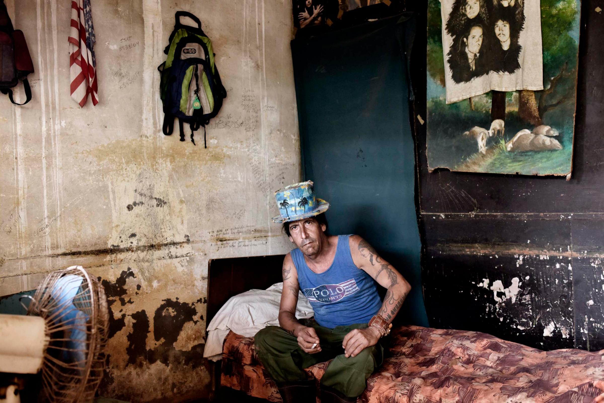 January 2015. A former drummer for the popular Cuban rock band "Qva Libre" sits in his home in Guira de Melena, Cuba.
