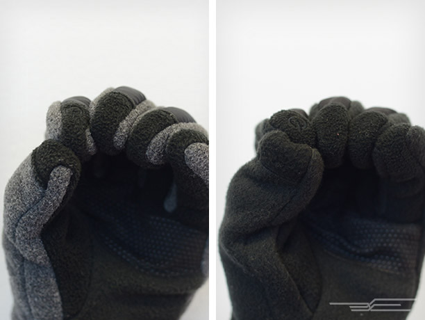 The ThermoBall’s fingertips (left) fit tight and remain smooth for predictable touchscreen manipulation, while the Denali’s (right) are loose-fitting and get wrinkly when you move your fingers—especially the thumb. Both are size medium. (The Wirecutter)