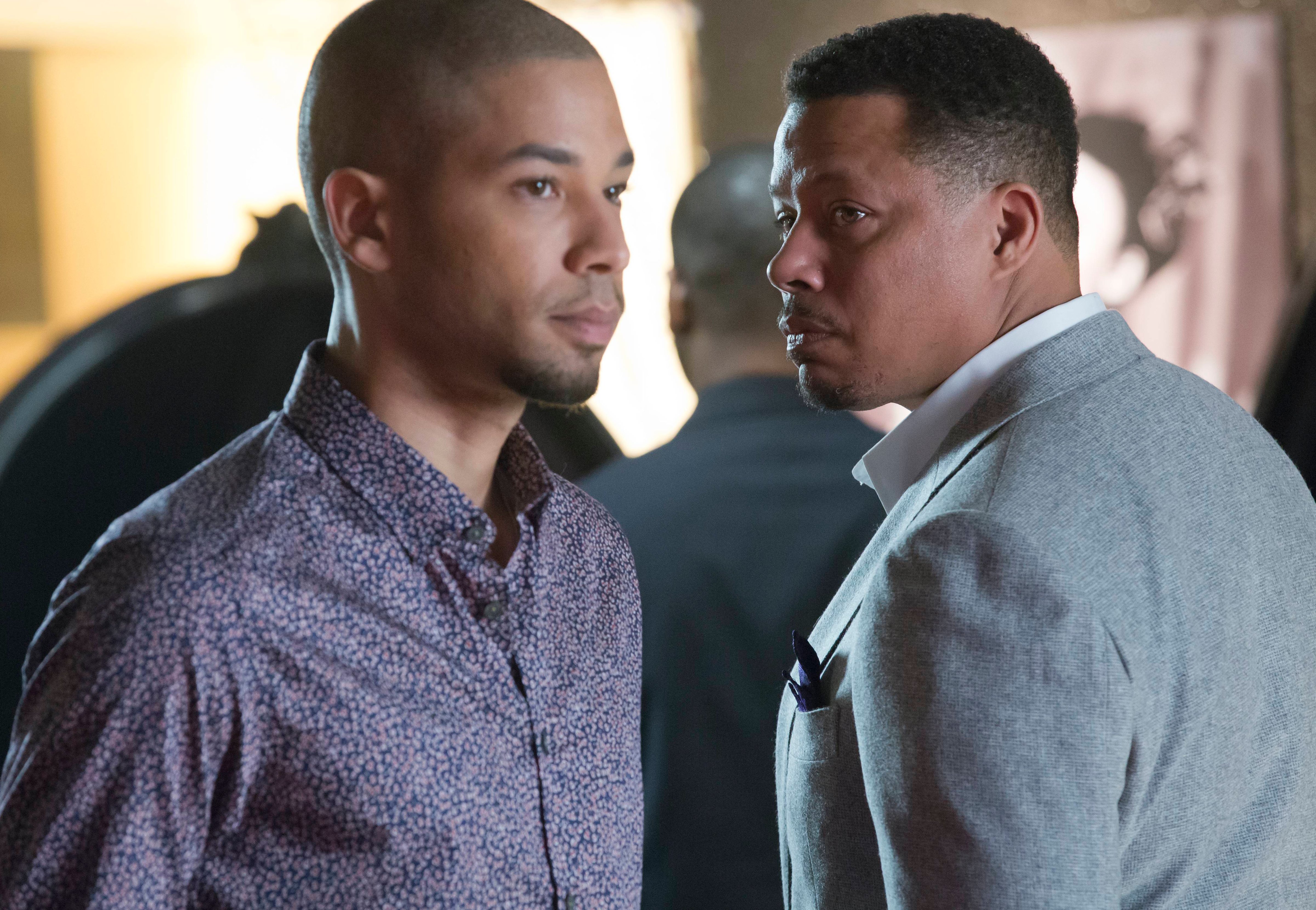 EMPIRE: Lucious (Terrence Howard, R) and Jamal (Jussie Smollett, L) form a music-centered relationship in the special two-hour “Die But Once/Who I Am” Season Finale episode of <i>Empire</i> (Chuck Hodes—Fox)