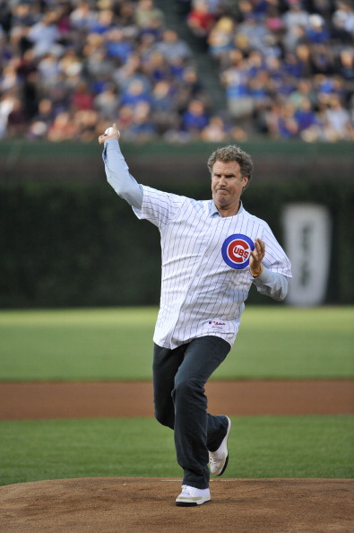 Will Ferrell throws out a ceremonial first pitch before the game between the Miami Marlins and the Chicago Cubs in Chicago on July 18, 2012.