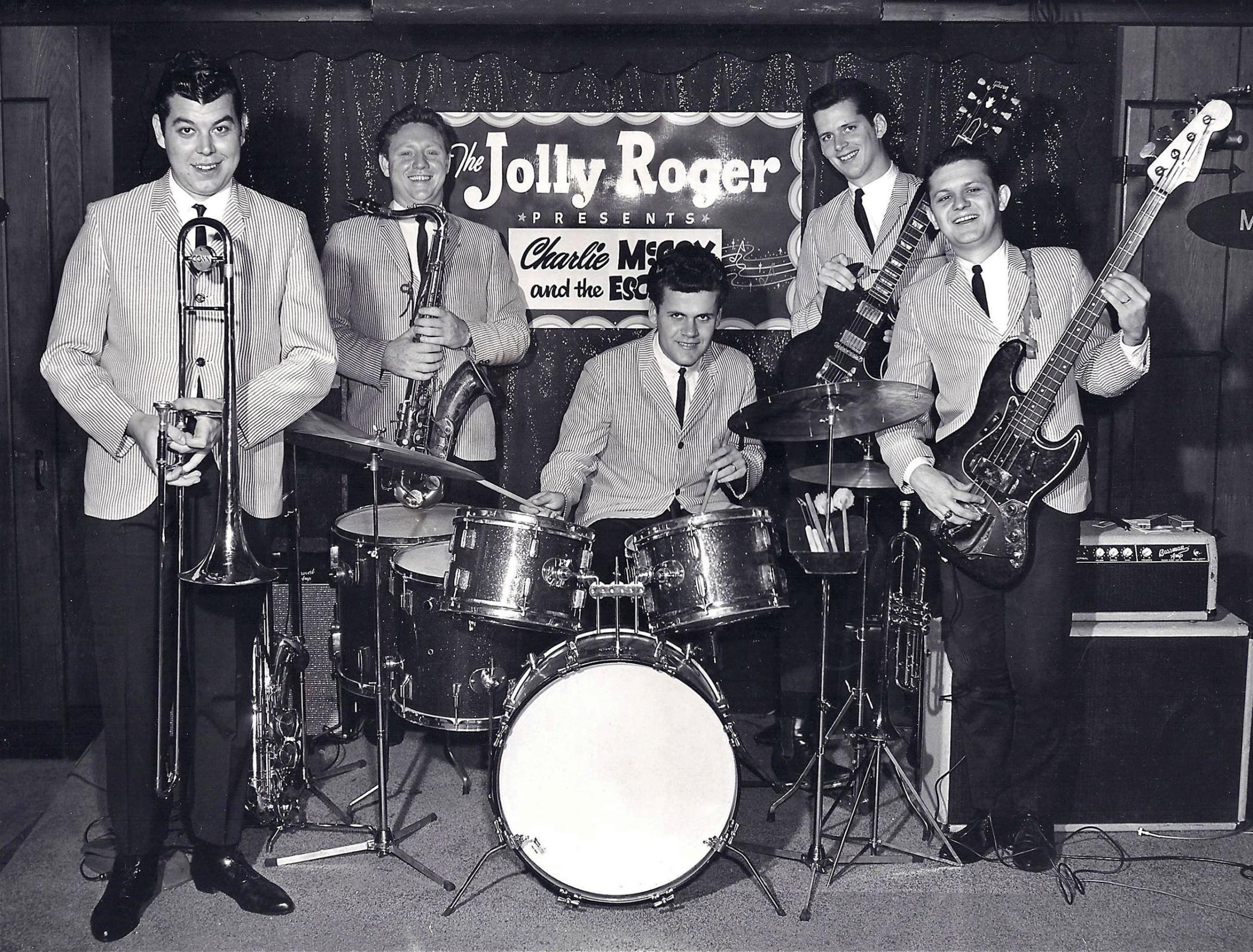 Charlie McCoy and the Escorts perform at the Jolly Roger in Printers Alley, circa 1965. Pictured are (l-r): Wayne Butler, Jerry Tuttle, Kenny Buttrey, Mac Gayden, and Charlie McCoy.