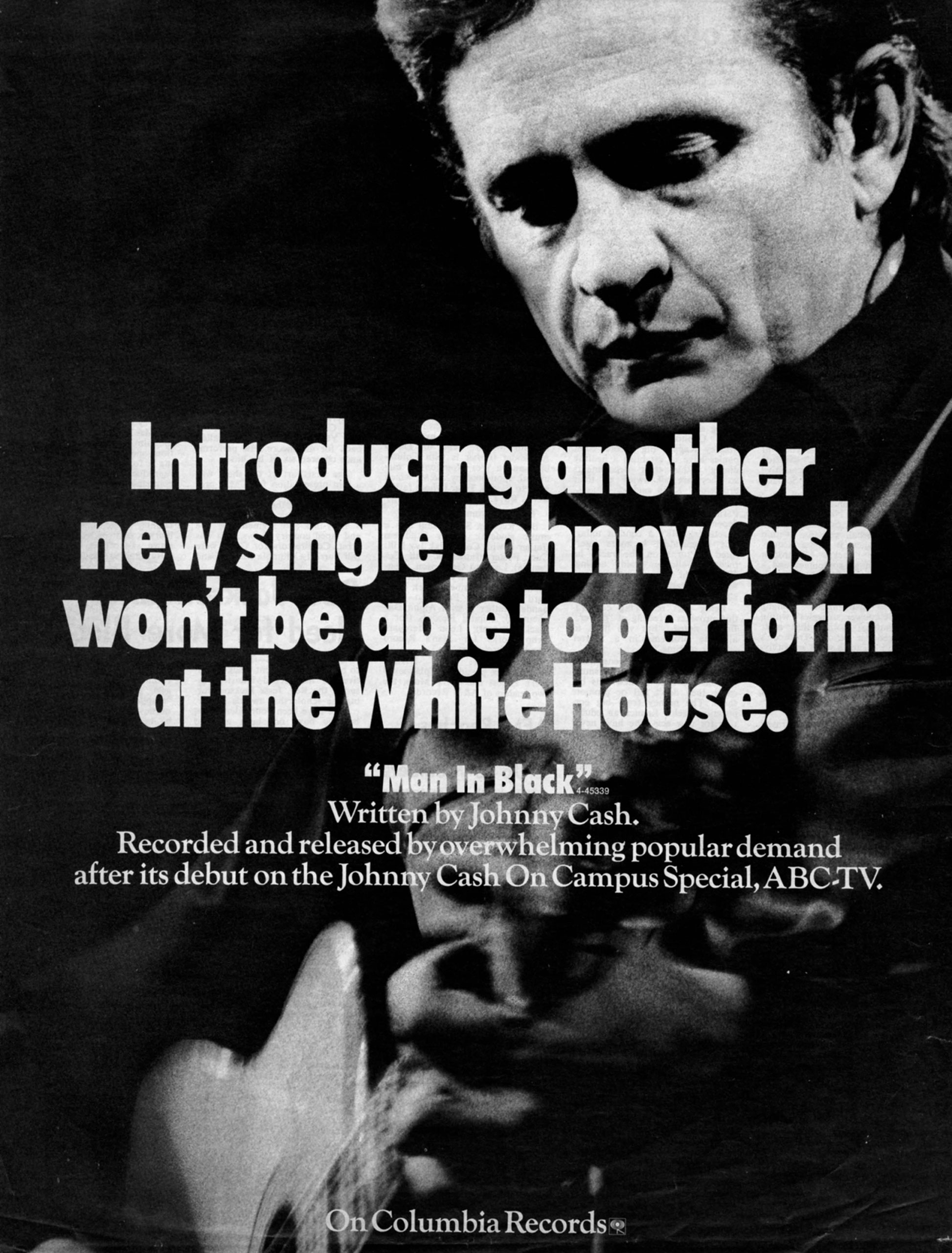 Advertisement for Johnny Cash’s single “Man in Black.”