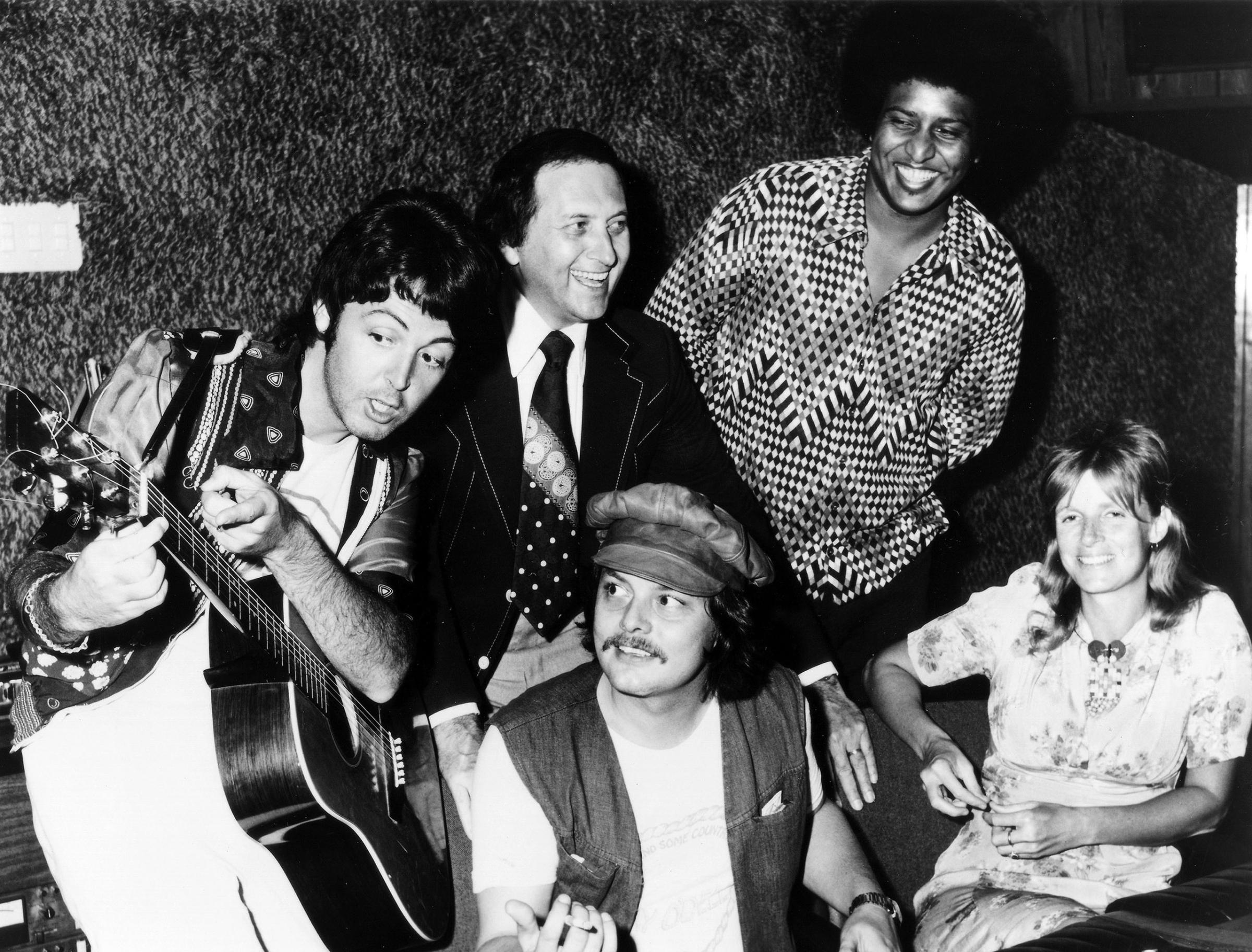Pictured recoding at Soundshop in 1974 are (l-r): Paul McCartney, Buddy Killen, Ernie Winfrey (seated), Tony Dorsey, and Linda McCartney (seated).