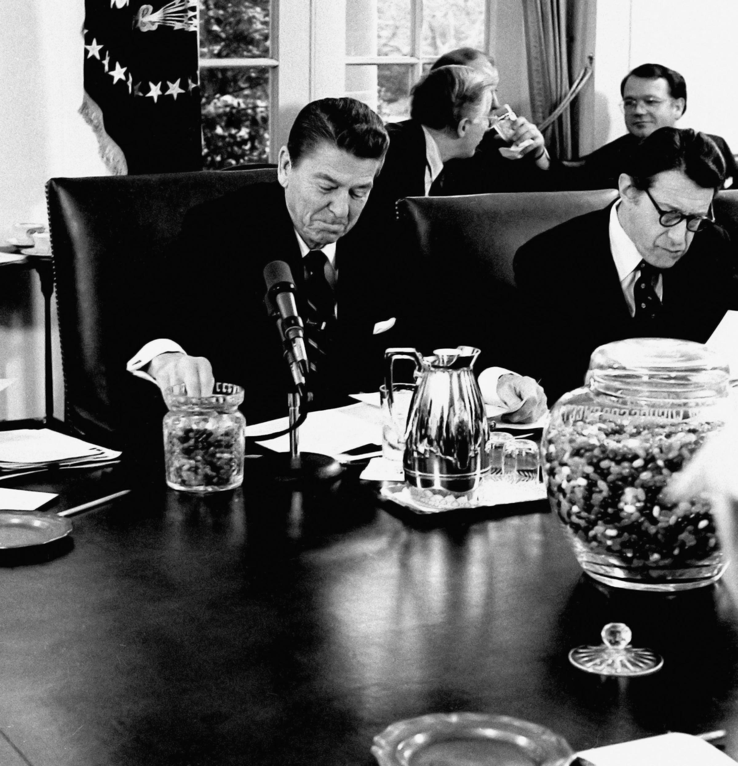 Ronald Reagan eating jelly beans during a meeting on December 13, 2007
