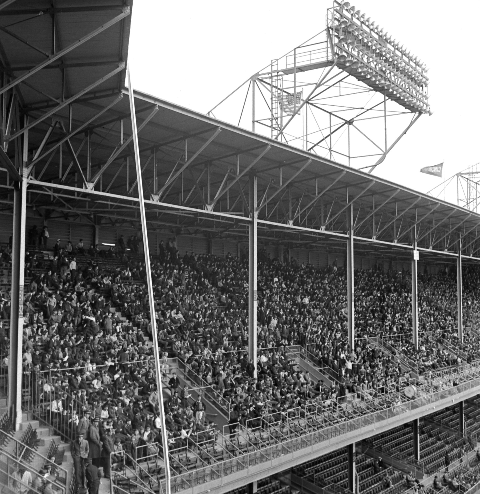 Fans watching a Brooklyn Dodgers game at Ebbets Field, May 1940.