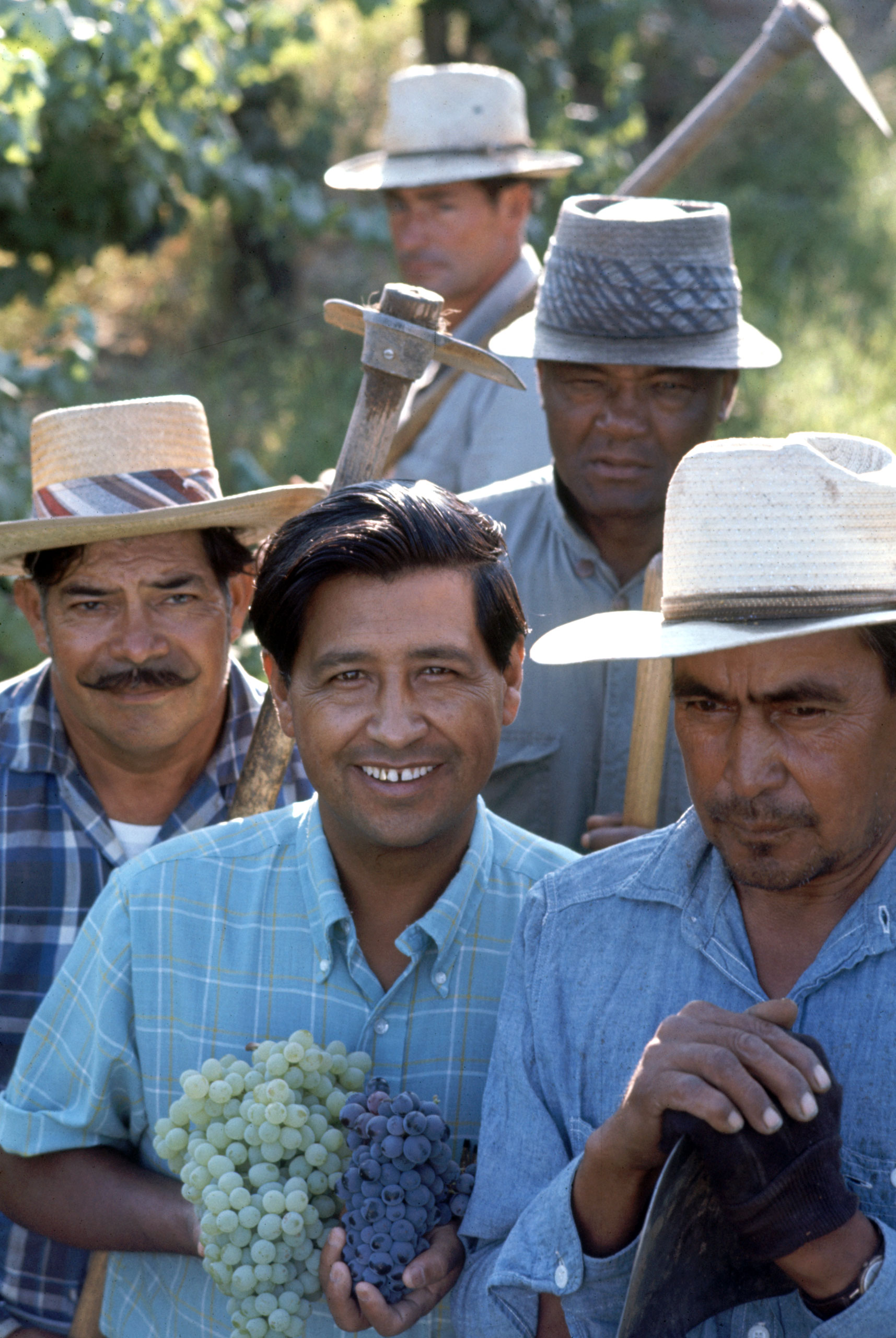 Labor activist Cesar Chavez with grape pickers in support of the United Farm Workers Union, Delano, California, 1968.