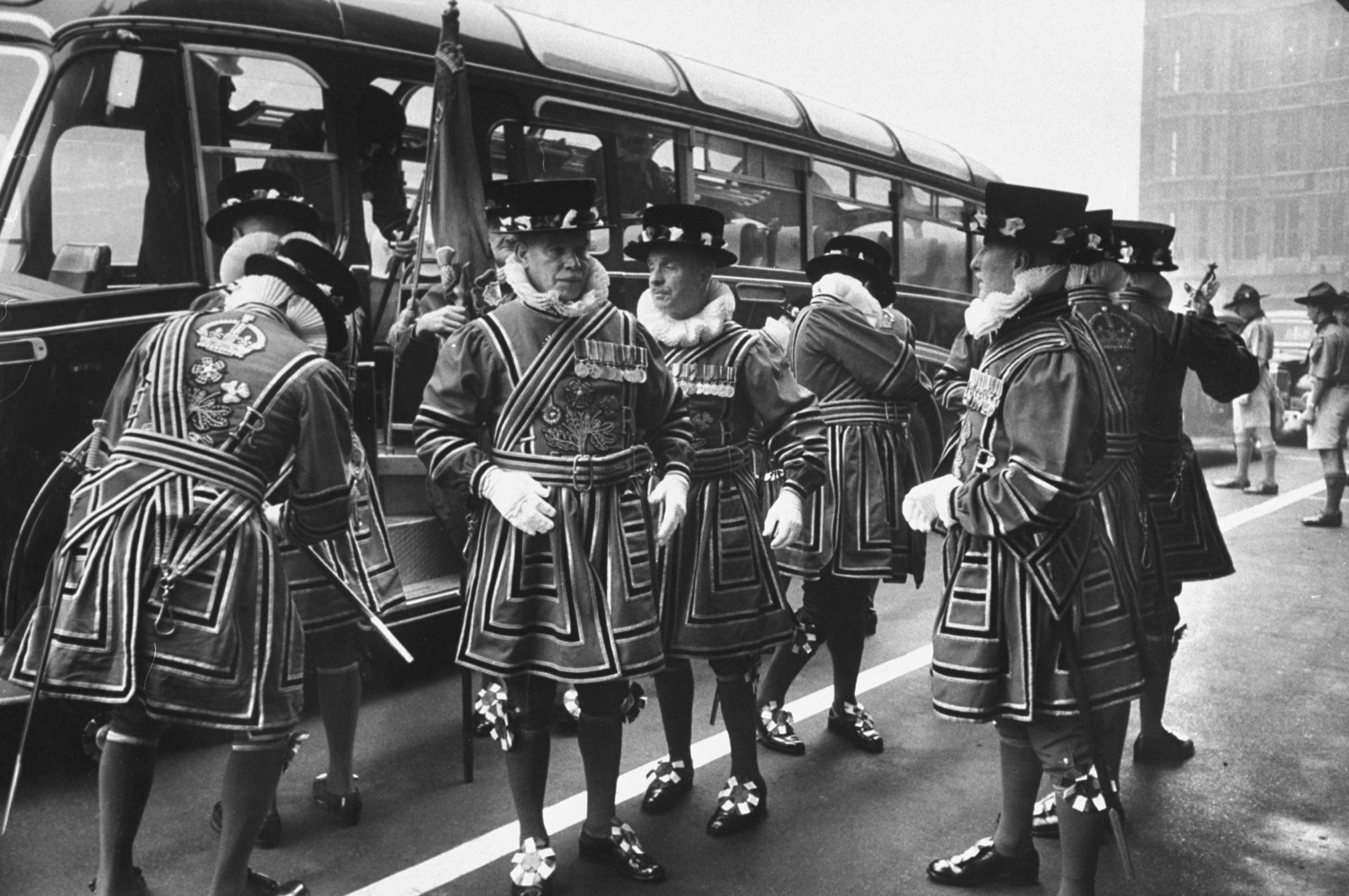 Beefeaters arriving at Parliament to inspect premises for gunpowder.