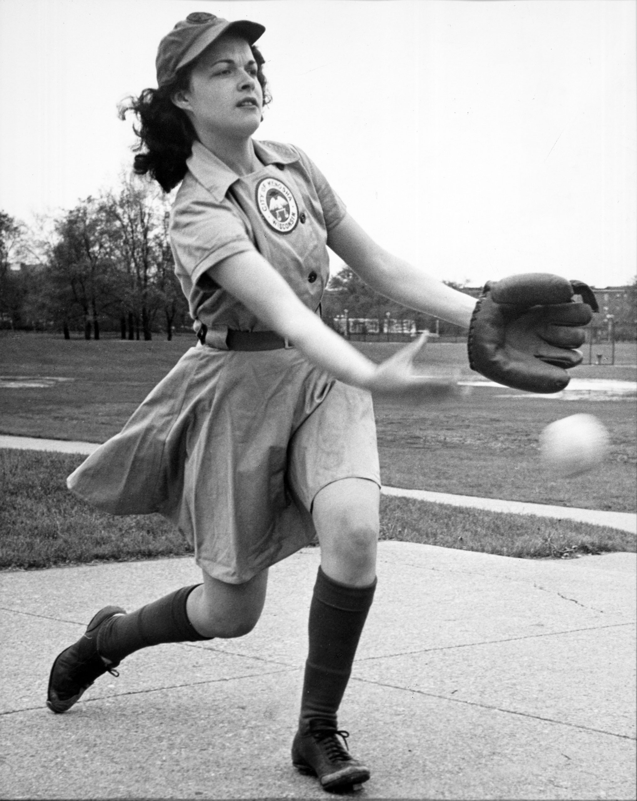 Pitcher Caroline Morris of Rockford Peaches, who pitched two no-hitters last year, uses a whirling underhand delivery.