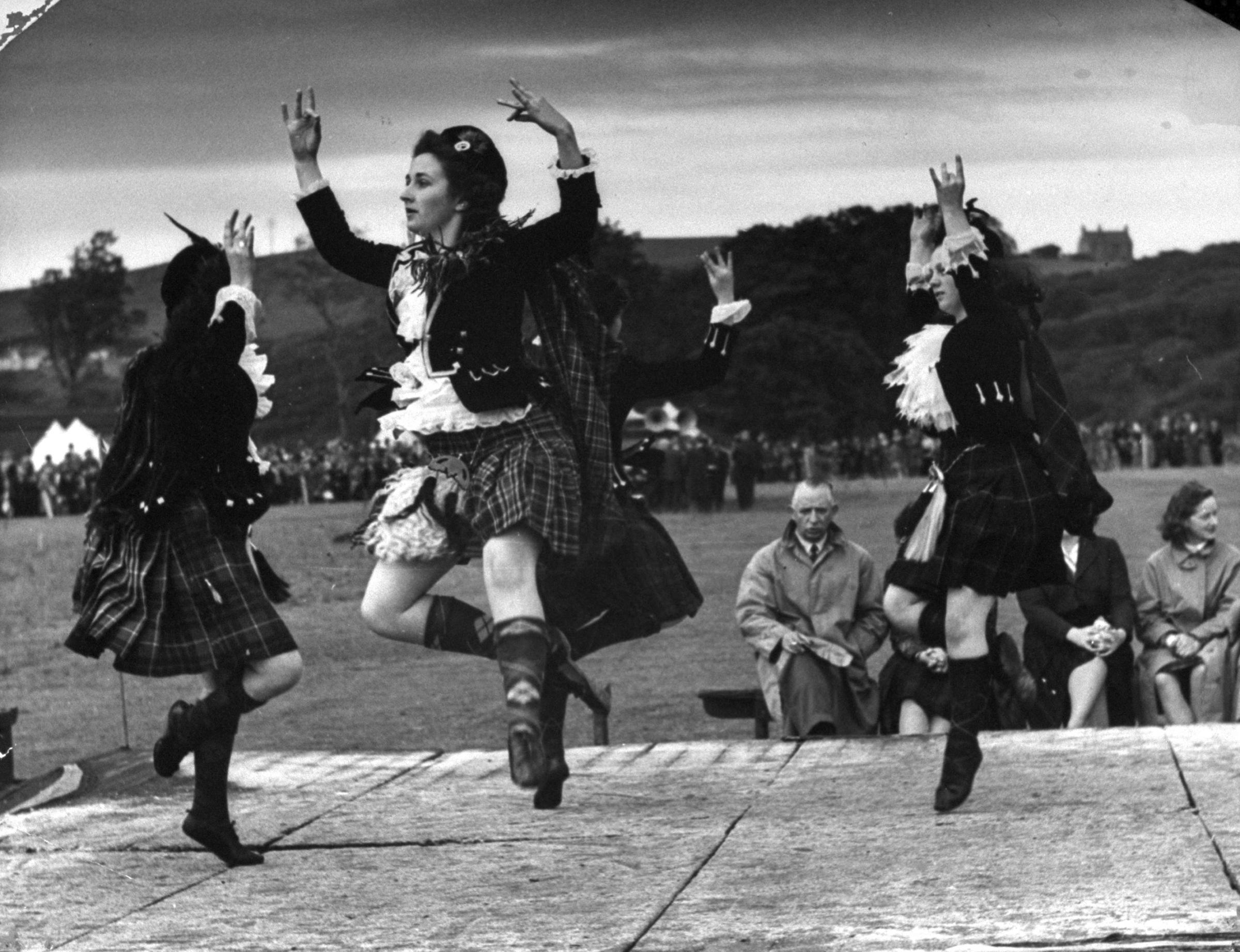 Competitors for the world championship, dancing the Reel of Tulloch, Scotland 1947.