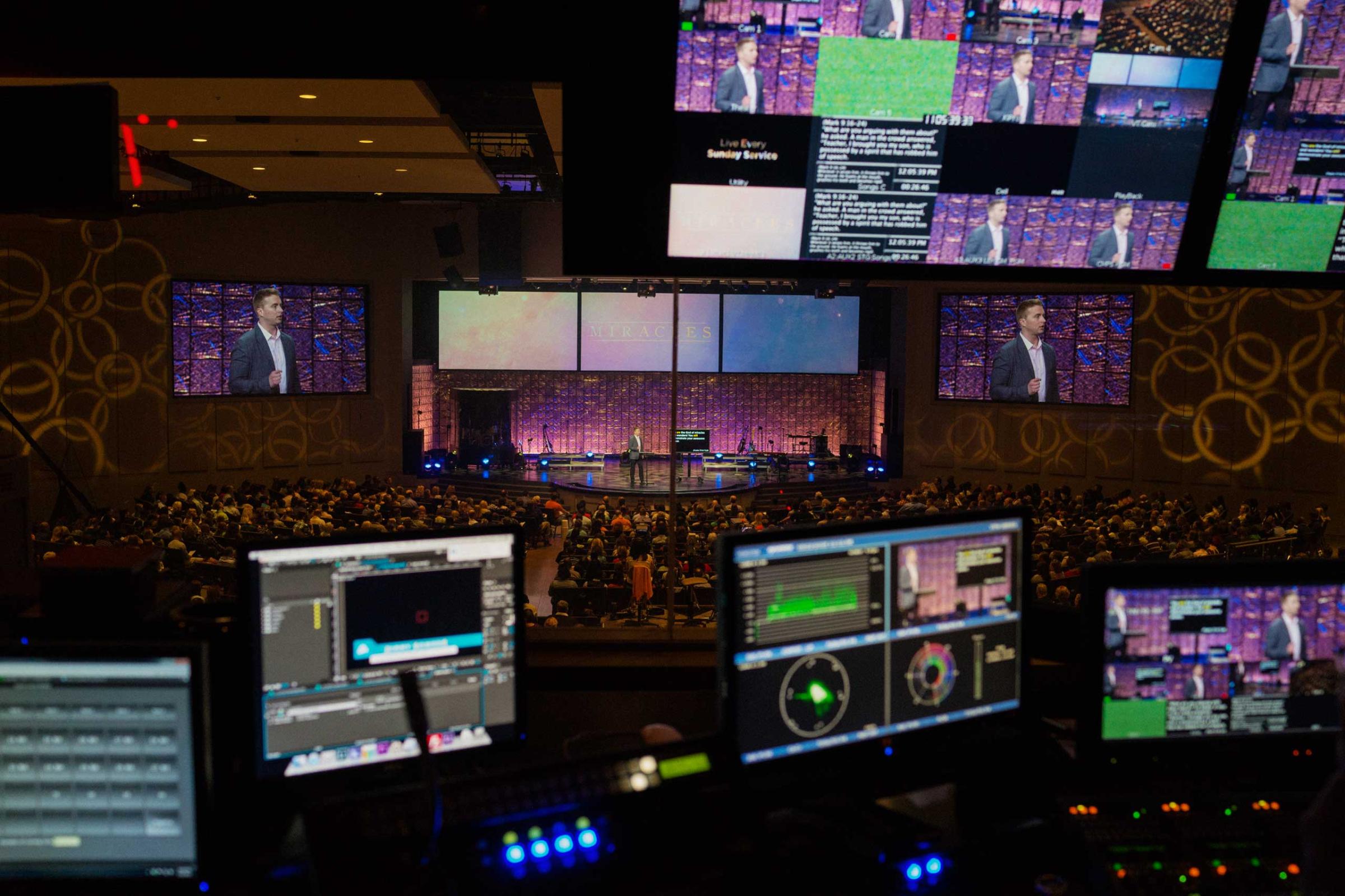 The view from the sound booth as Associate Pastor Jimmy Bowers delivers a message at Church of the Highlands in Birmingham, Ala. on March 22, 2015.