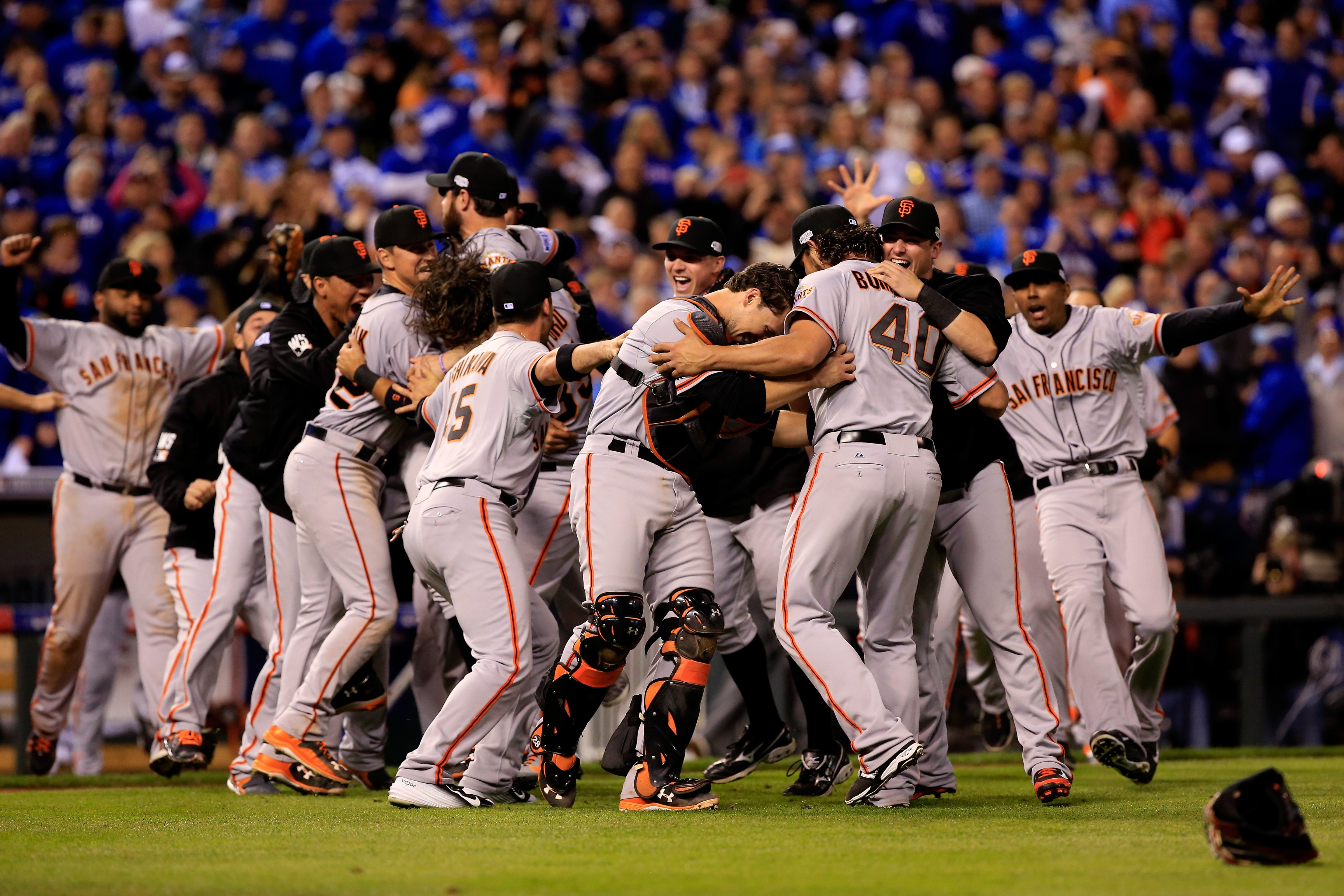 The San Francisco Giants celebrate after defeating the Kansas City Royals to win Game Seven of the 2014 World Series by a score of 3-2 at Kauffman Stadium on October 29, 2014 in Kansas City, Missouri. (Jamie Squire&mdash;Getty Images)