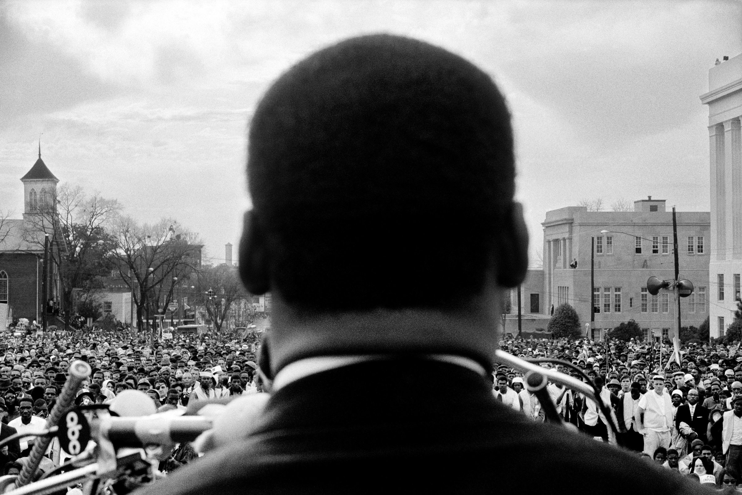 Dr. Martin Luther King, Jr. spoke in front of 25,000 civil rights marchers at the conclusion of the Selma to Montgomery march in front of Alabama state capital building on March 25, 1965 in Montgomery, Ala.