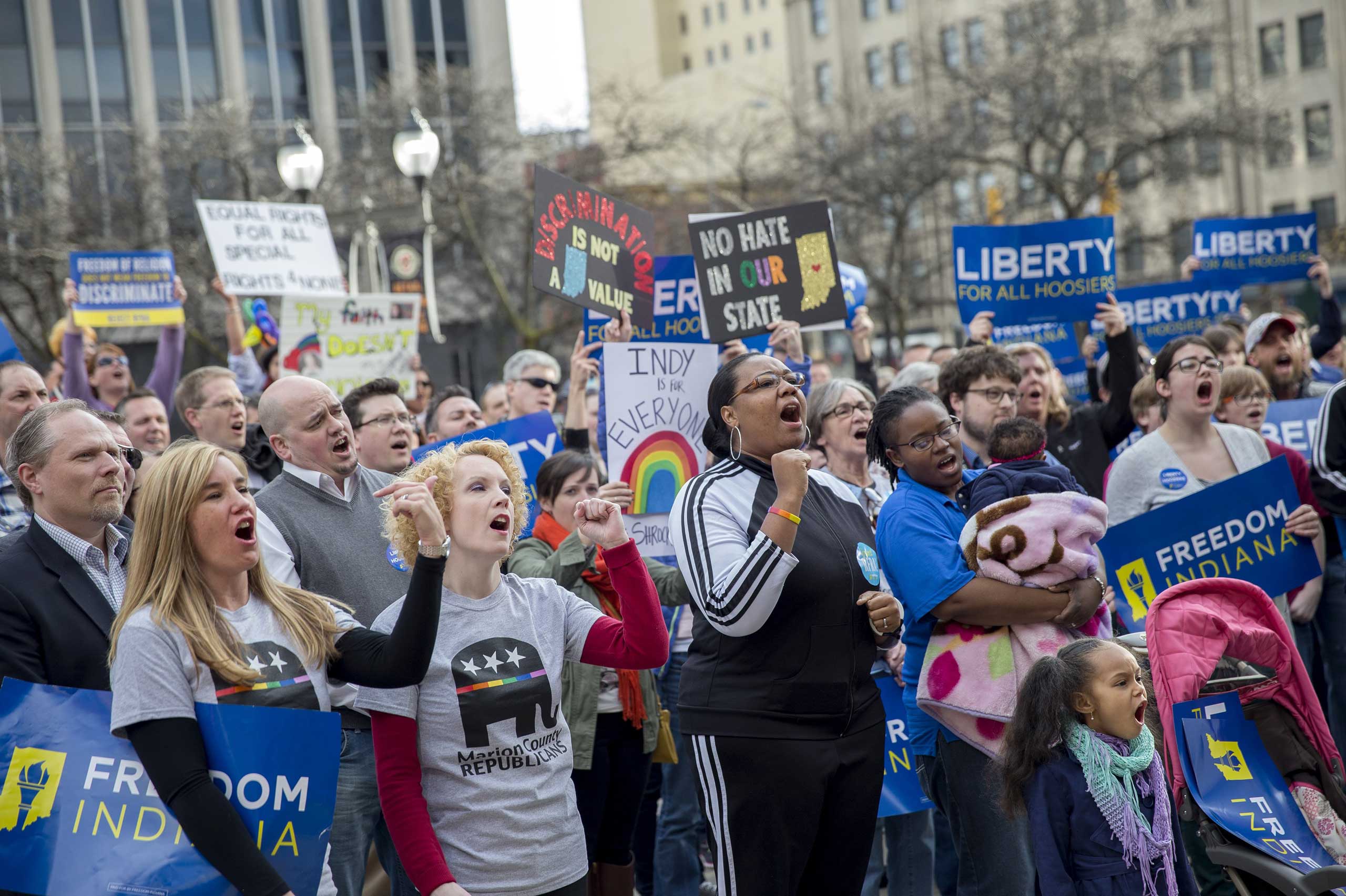 Demonstrators  gather outside the City County Building in Indianapolis, Indiana on March 30, 2015.
