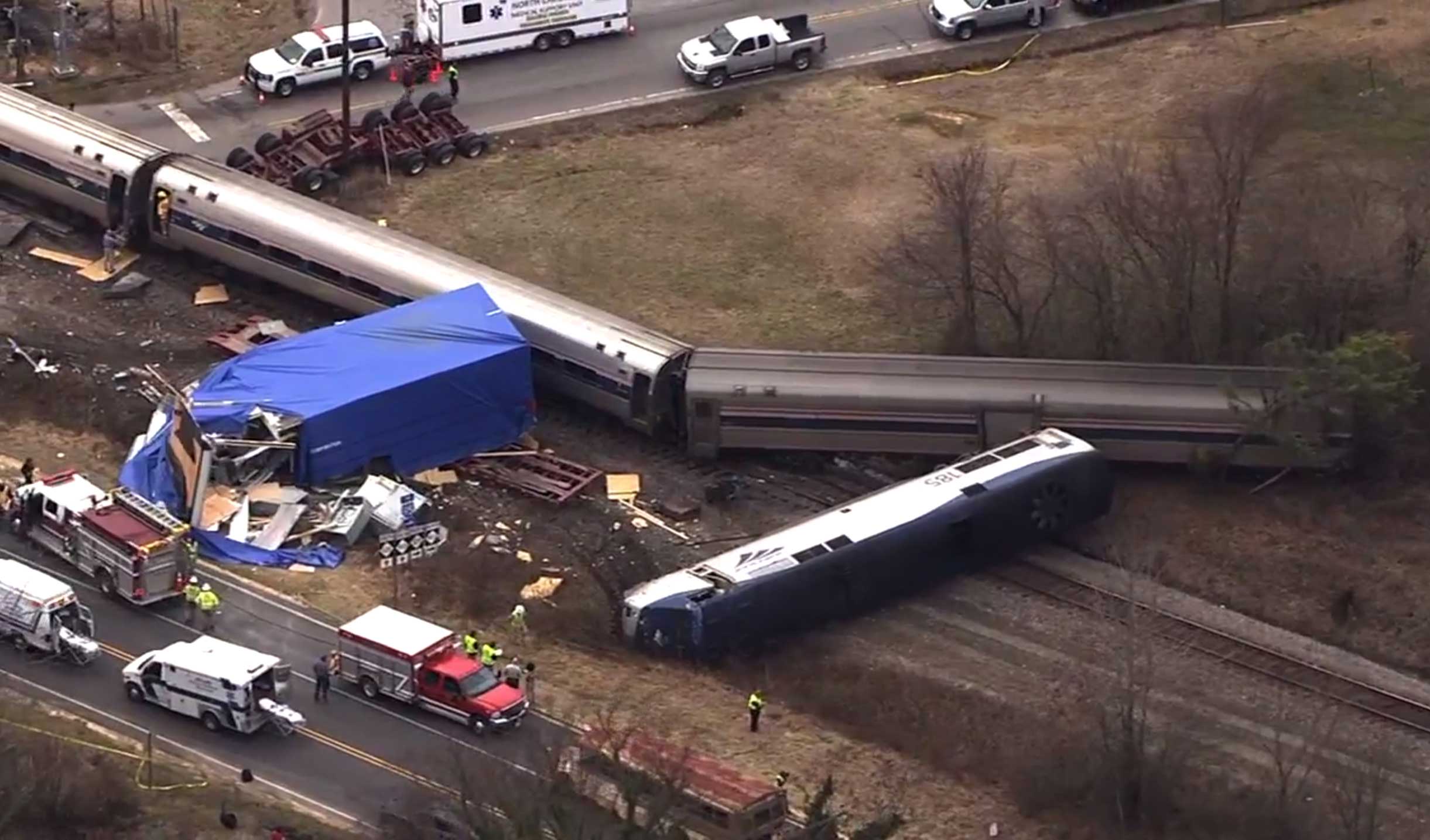 Authorities respond to a collision between an Amtrak passenger train and a truck, Monday, March 9, 2015, in Halifax County, N.C. (WTVD-11/AP)