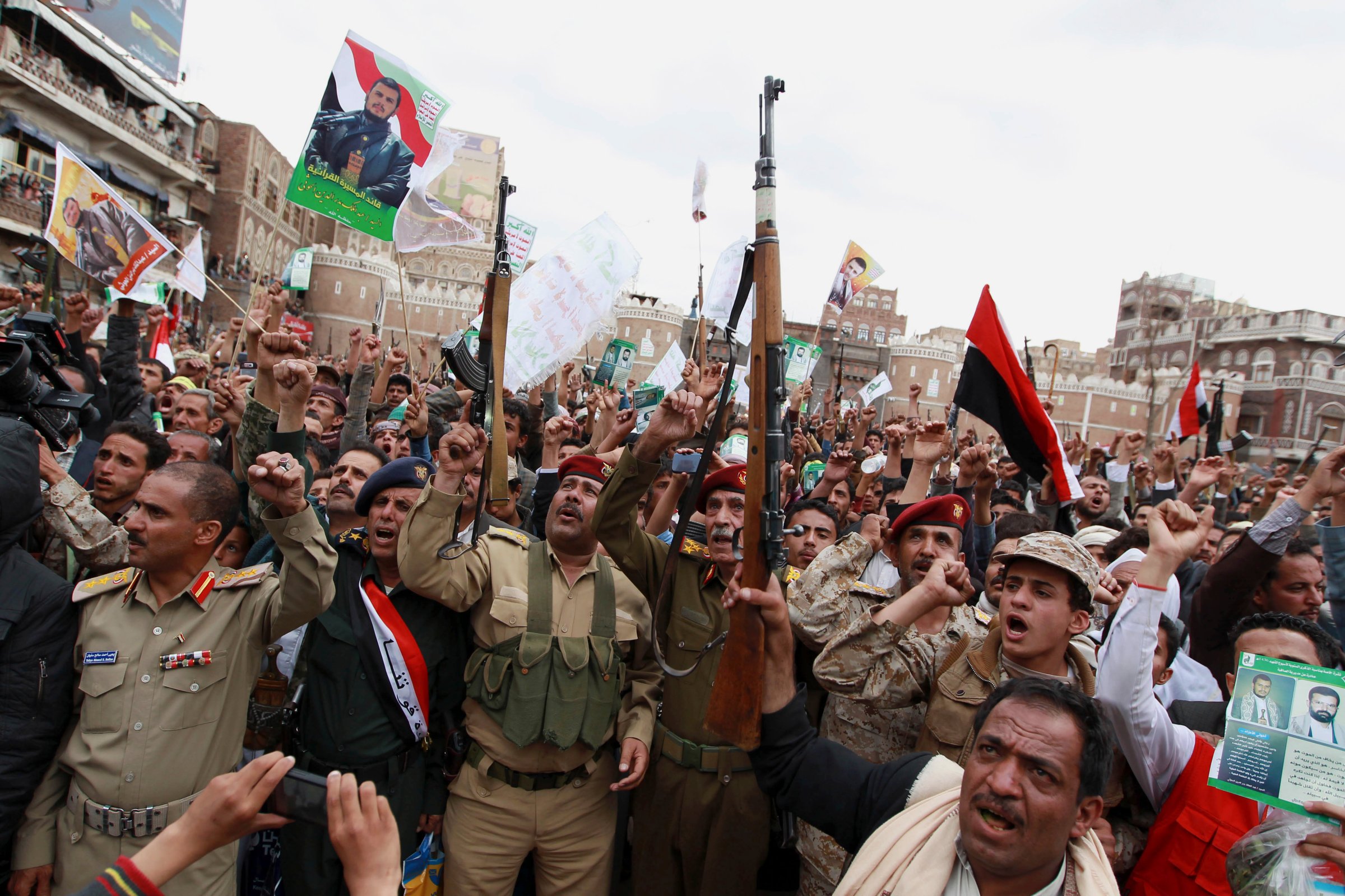 Shiite rebels, known as Houthis, gather to protest against Saudi-led airstrikes in Sanaa, Yemen, on March 26, 2015.