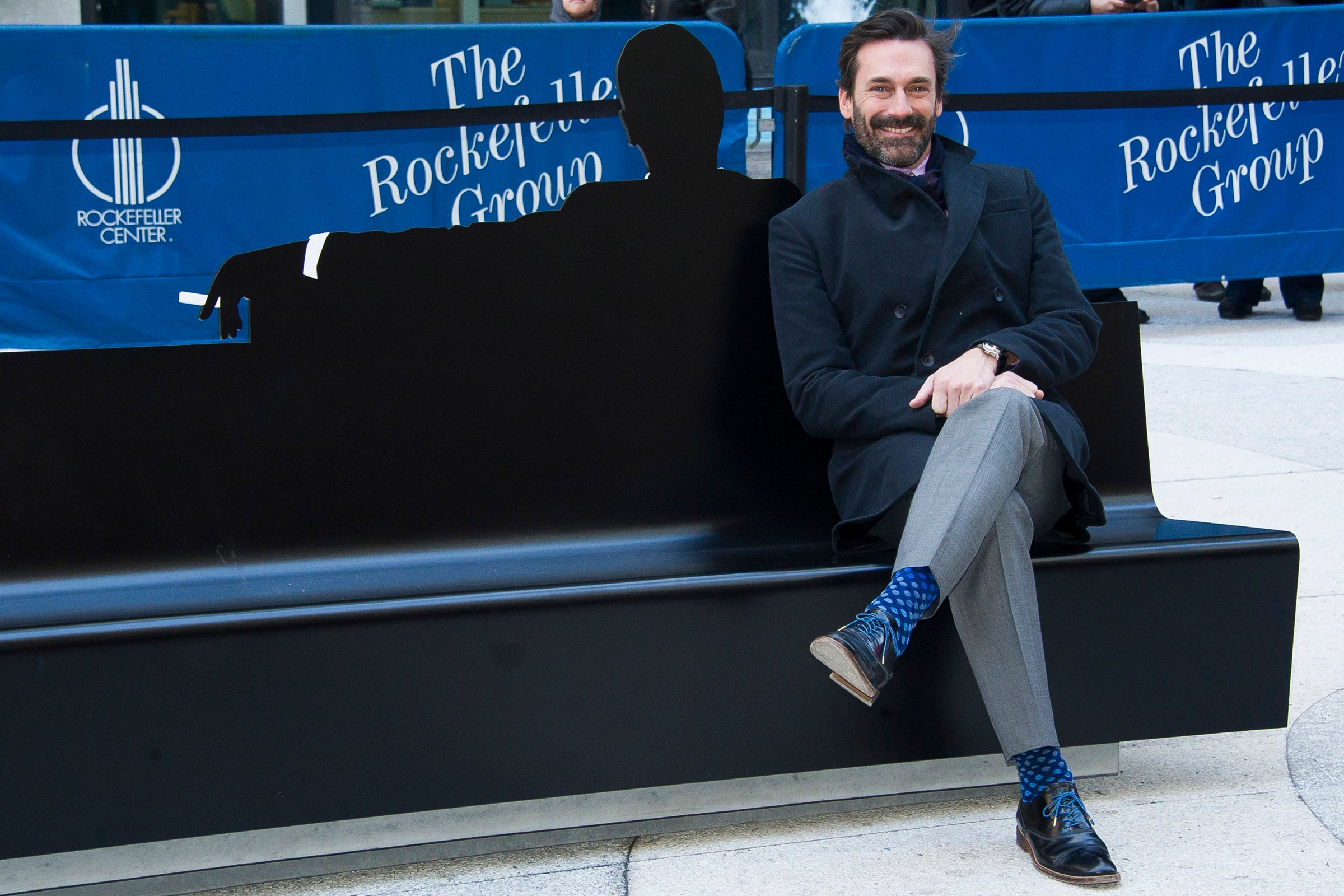 Jon Hamm appears at an unveiling of a bench dedicated to the "Mad Men" series in front of the Time-Life Building in New York City on March 23, 2015.