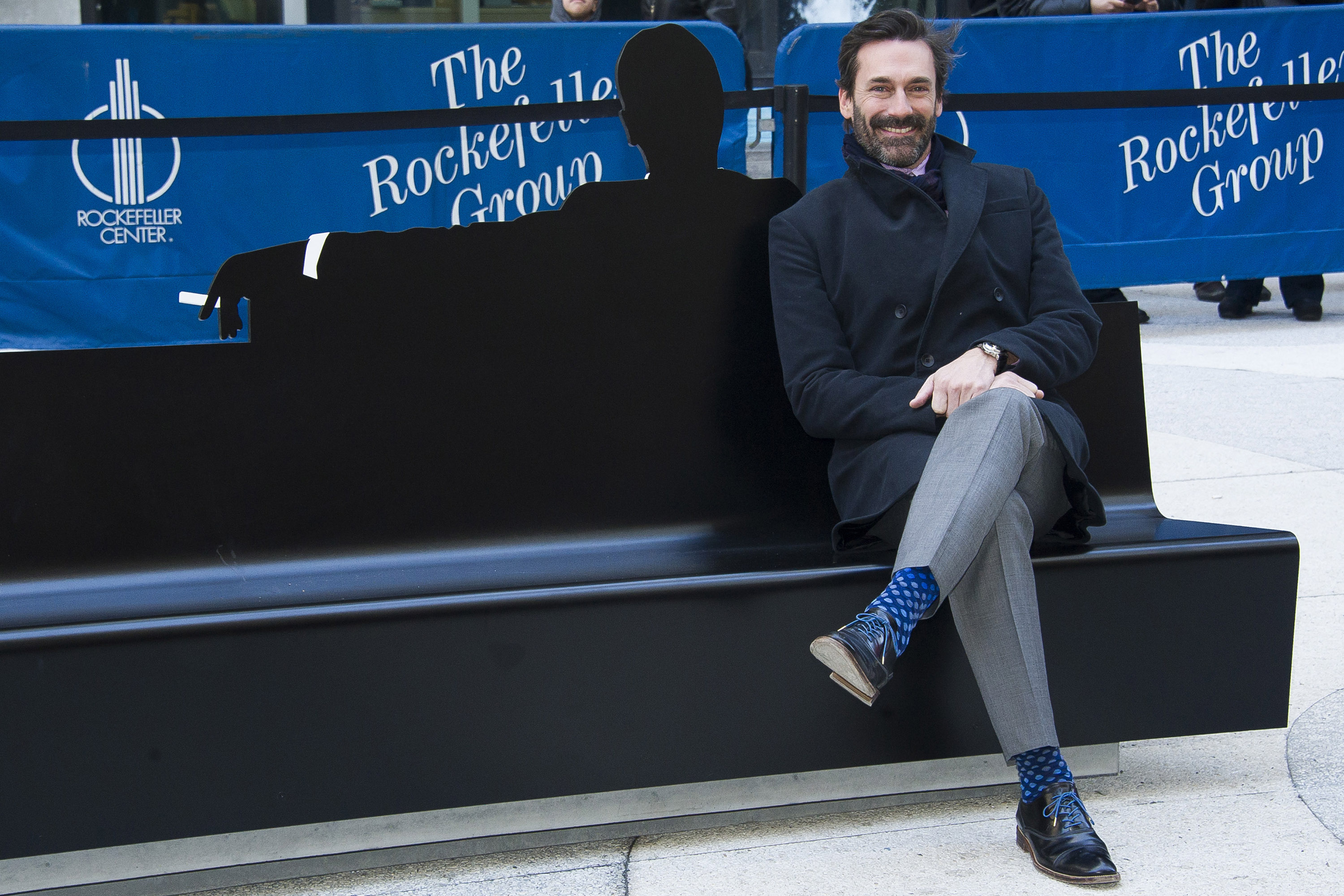 Jon Hamm appears at an unveiling of a bench dedicated to the "Mad Men" series in front of the Time-Life Building in New York City on March 23, 2015. (Charles Sykes—AP)