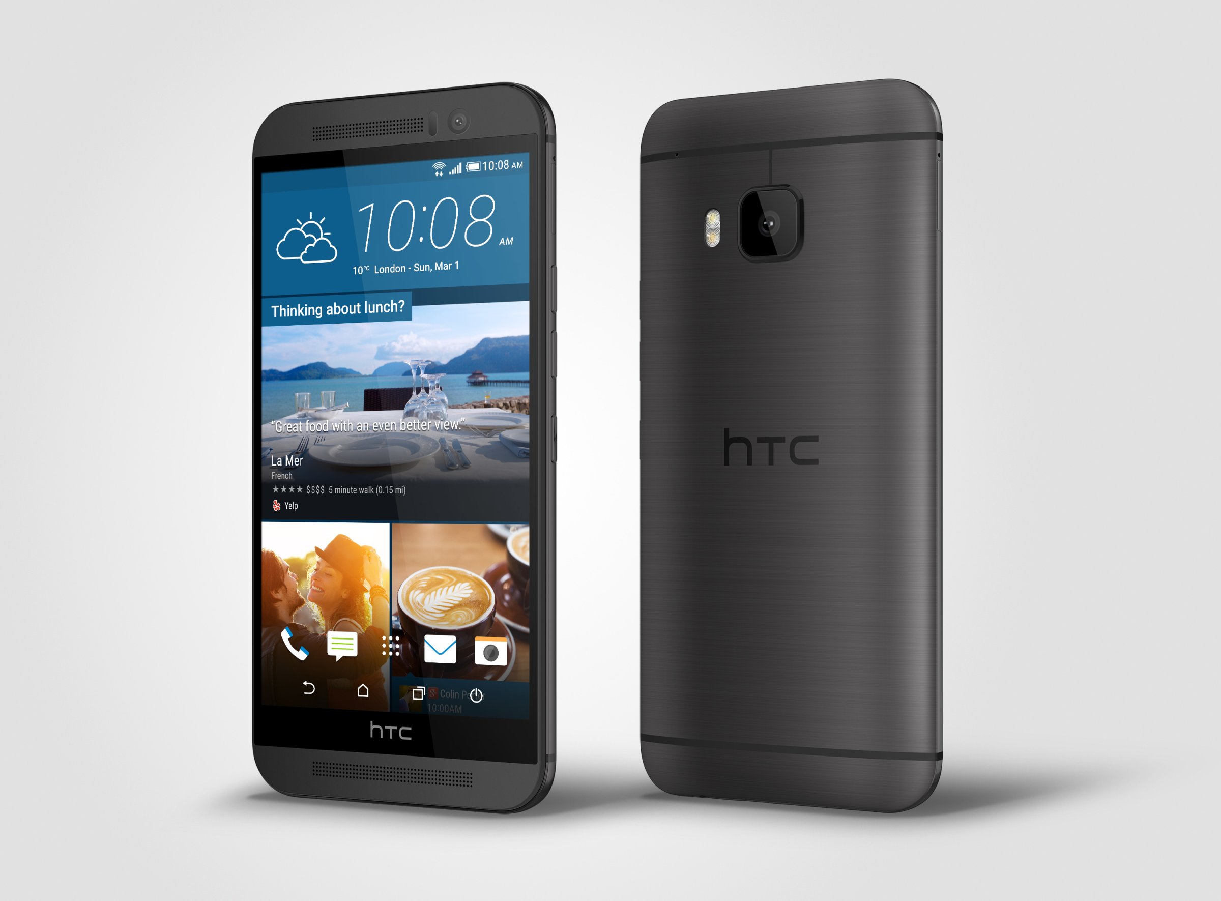 Front and rear views of the HTC One M9 smartphone.