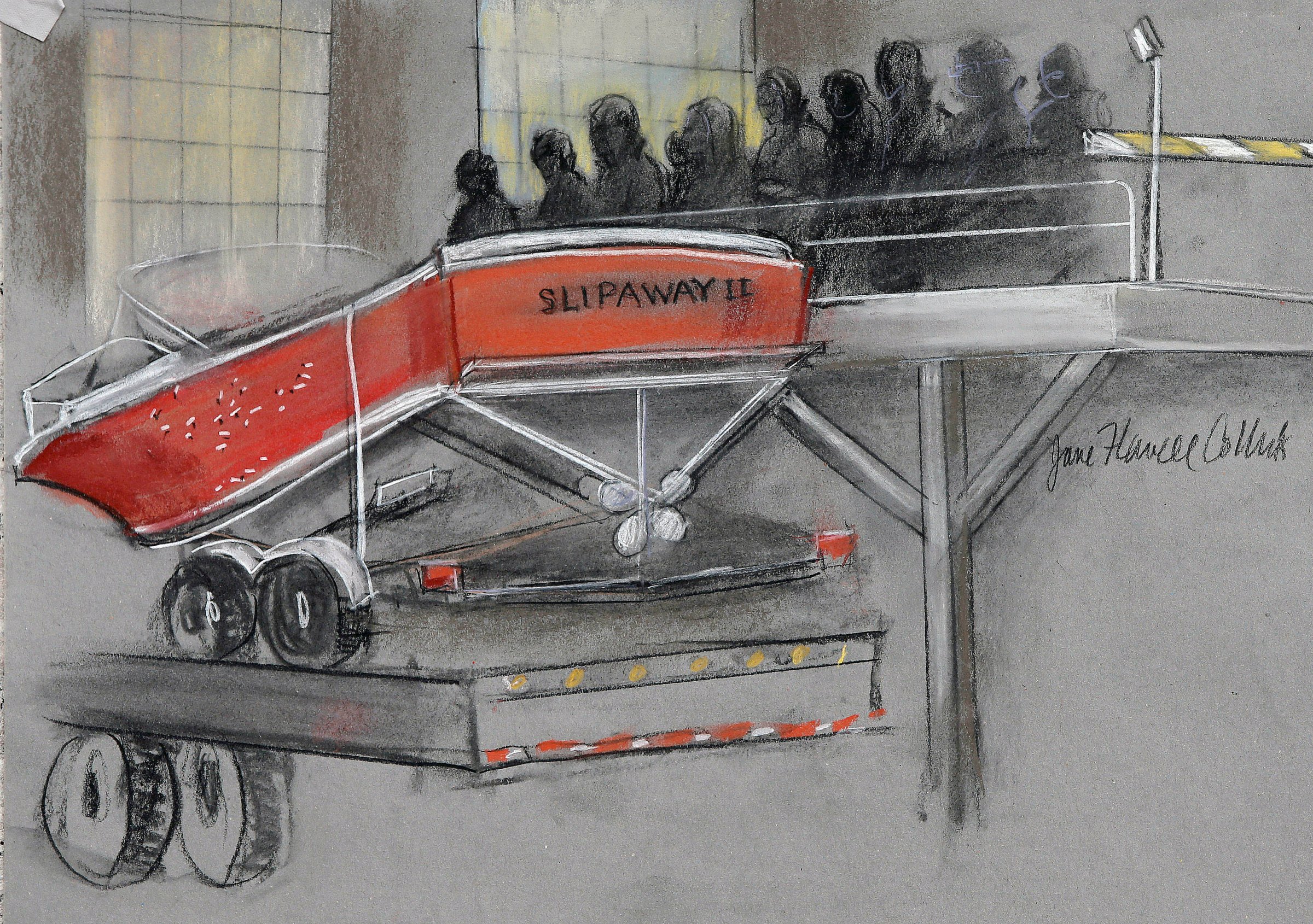 In this courtroom sketch, the boat in which Dzhokhar Tsarnaev was captured is depicted on a trailer for observation during Tsarnaev's federal death penalty trial on March 16, 2015, in Boston.
