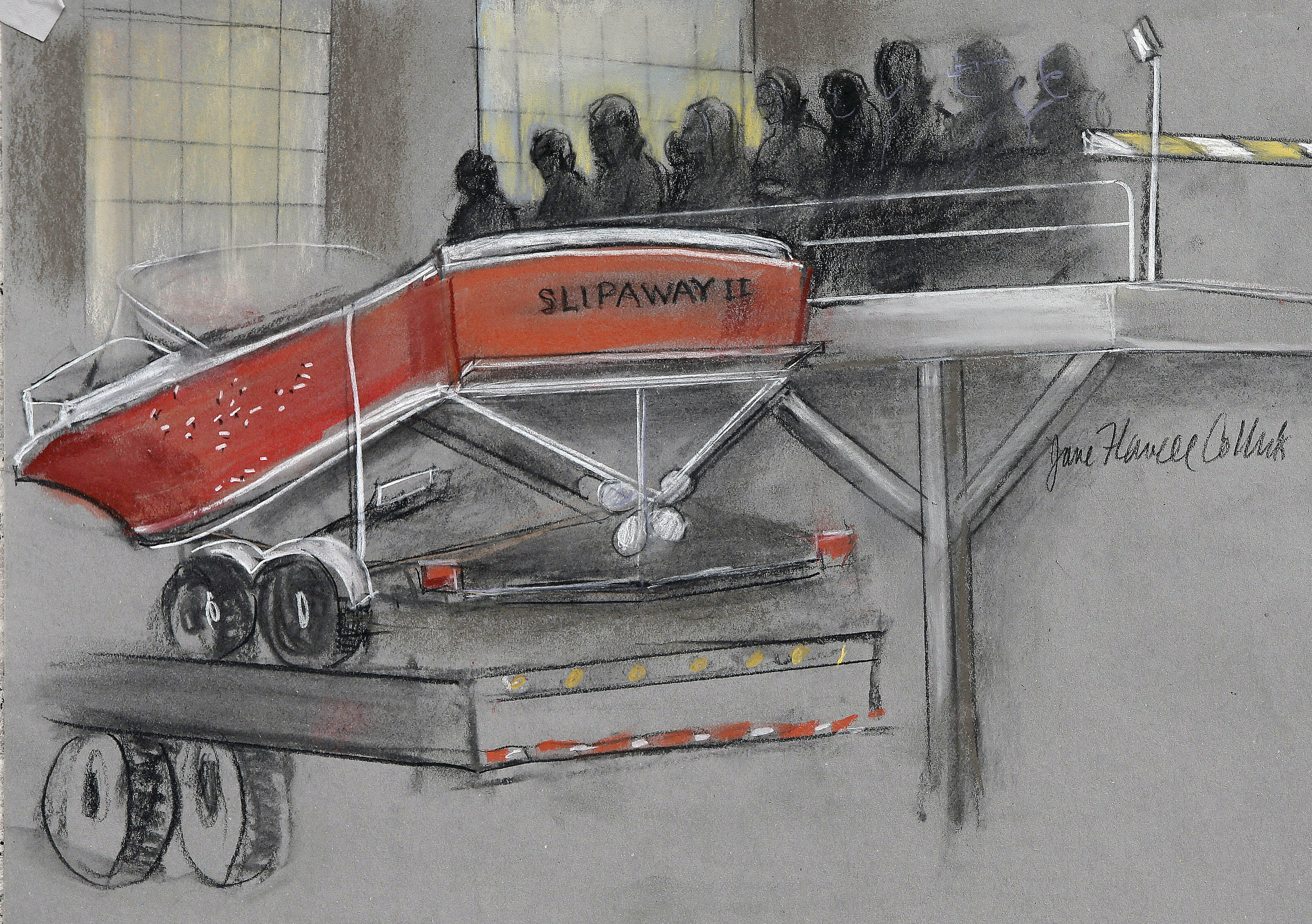 In this courtroom sketch, the boat in which Dzhokhar Tsarnaev was captured is depicted on a trailer for observation during Tsarnaev's federal death penalty trial on March 16, 2015, in Boston. (Jane Flavell Collins—AP)