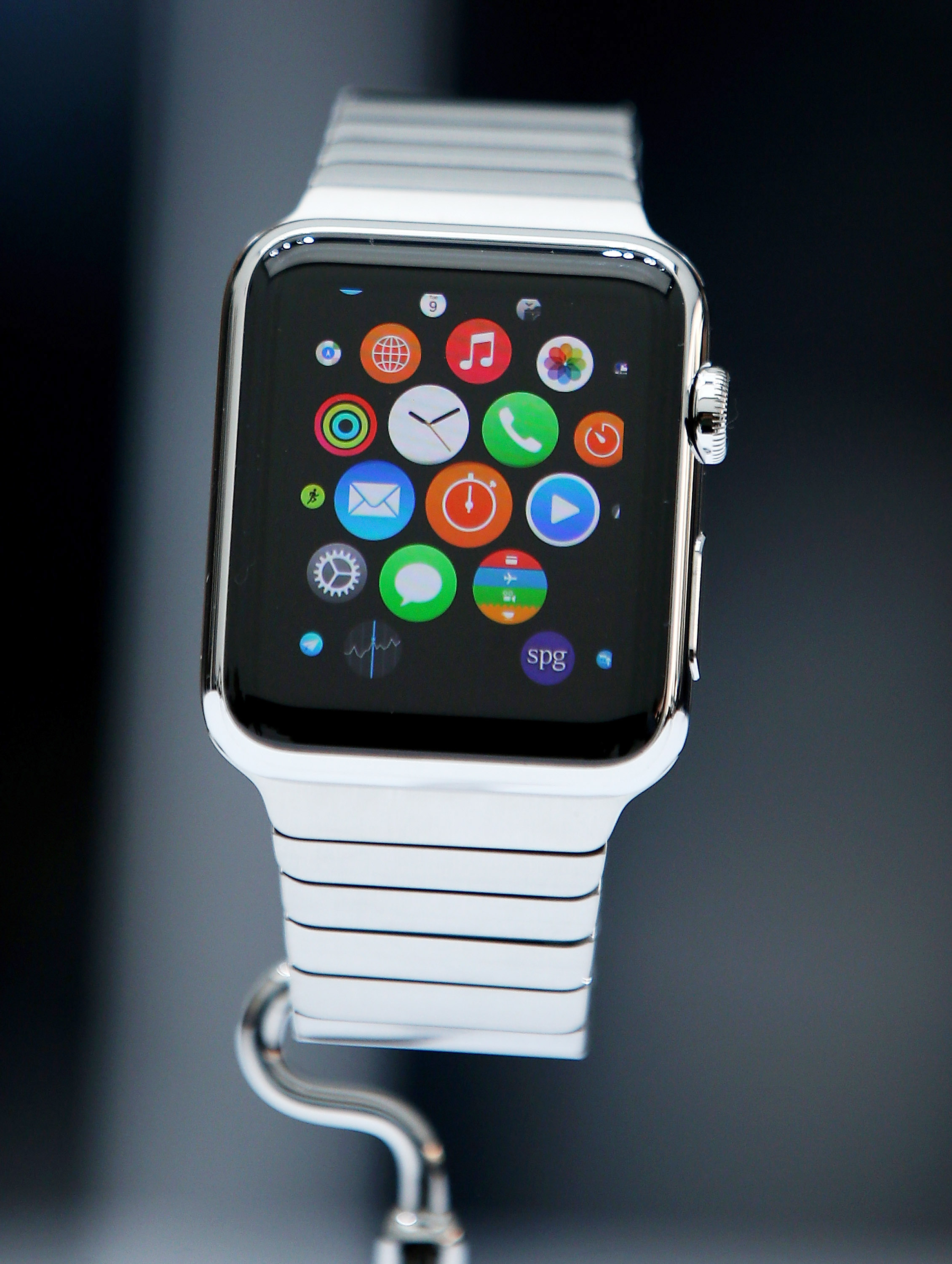 The new Apple Watch is displayed during an Apple special event at the Flint Center for the Performing Arts on Sept. 9, 2014 in Cupertino, Calif. (Justin Sullivan&mdash;Getty Images)