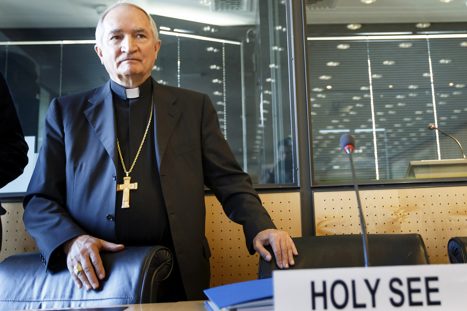Archbishop Silvano Tomasi arrives prior to the U.N. torture committee hearing on the Vatican, at the headquarters of the office of the High Commissioner for Human Rights in Geneva on May 5, 2014. (Salvatore Di Nolfi — AP)