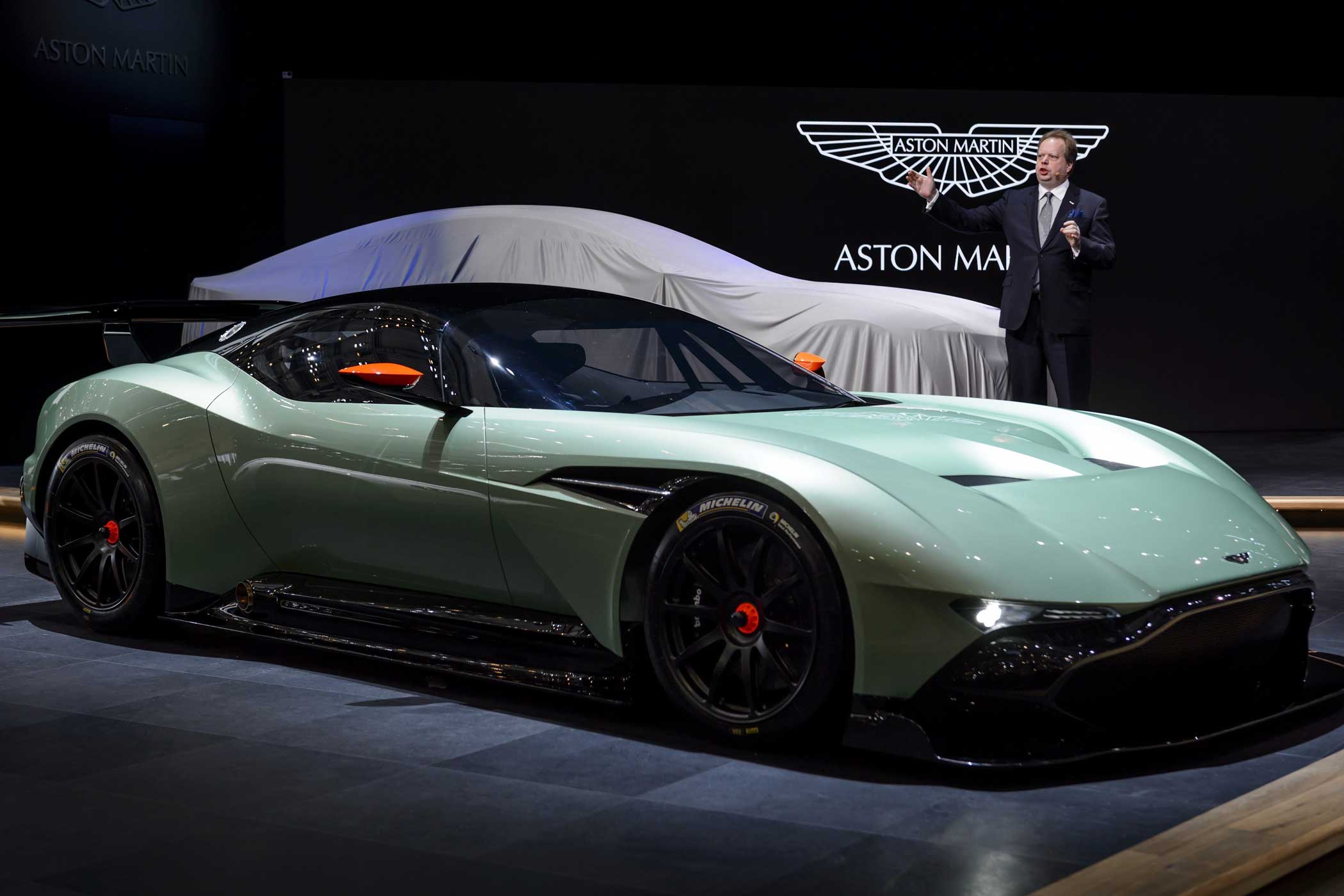Aston Martin CEO Andy Palmer unveils the new Aston Martin Vulcan model on March 3, 2015 during the press day of the Geneva Car Show in Geneva.