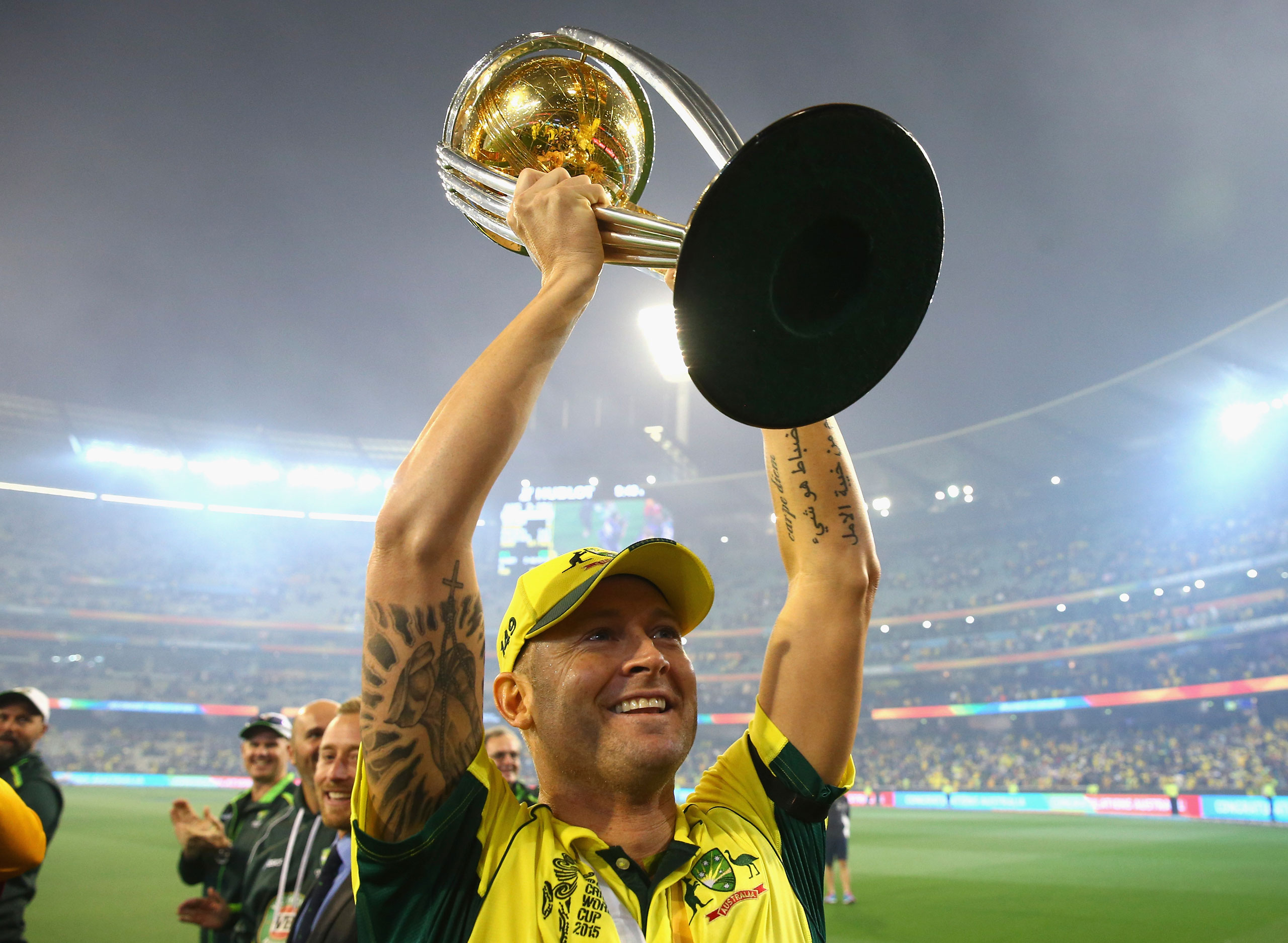 Michael Clarke of Australia celebrates with the trophy during the 2015 ICC Cricket World Cup final match between Australia and New Zealand at Melbourne Cricket Ground on March 29, 2015 in Melbourne. (Ryan Pierse—Getty Images)